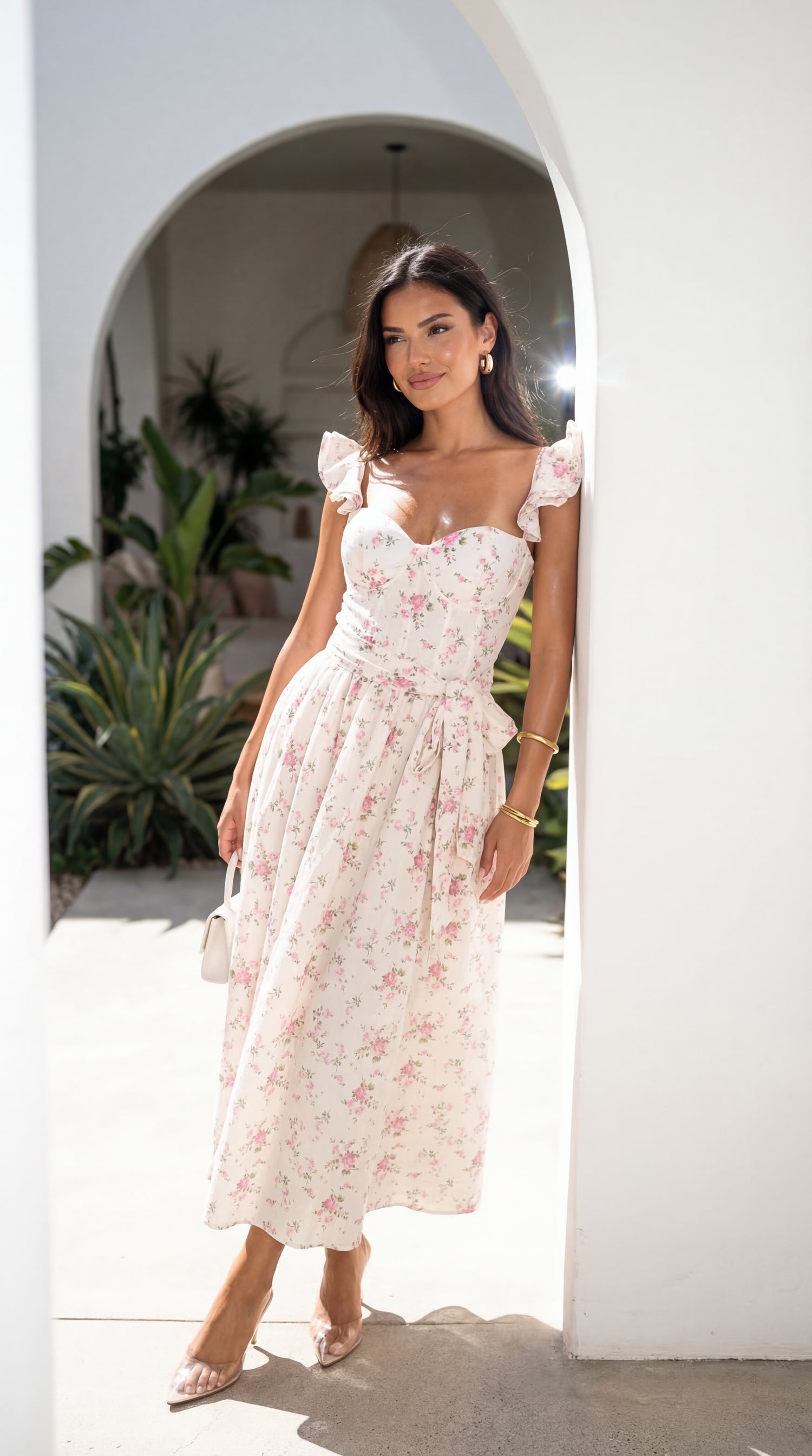 Florienne Floral Corset Flutter Midi Dress - Ivory — gallery