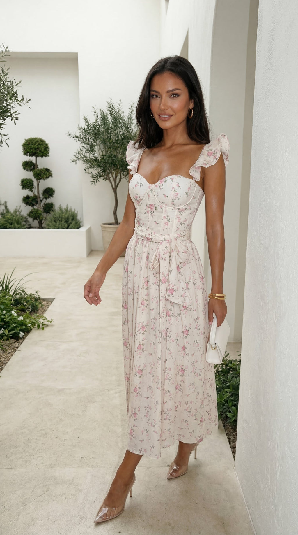 Florienne Floral Corset Flutter Midi Dress - Ivory — gallery