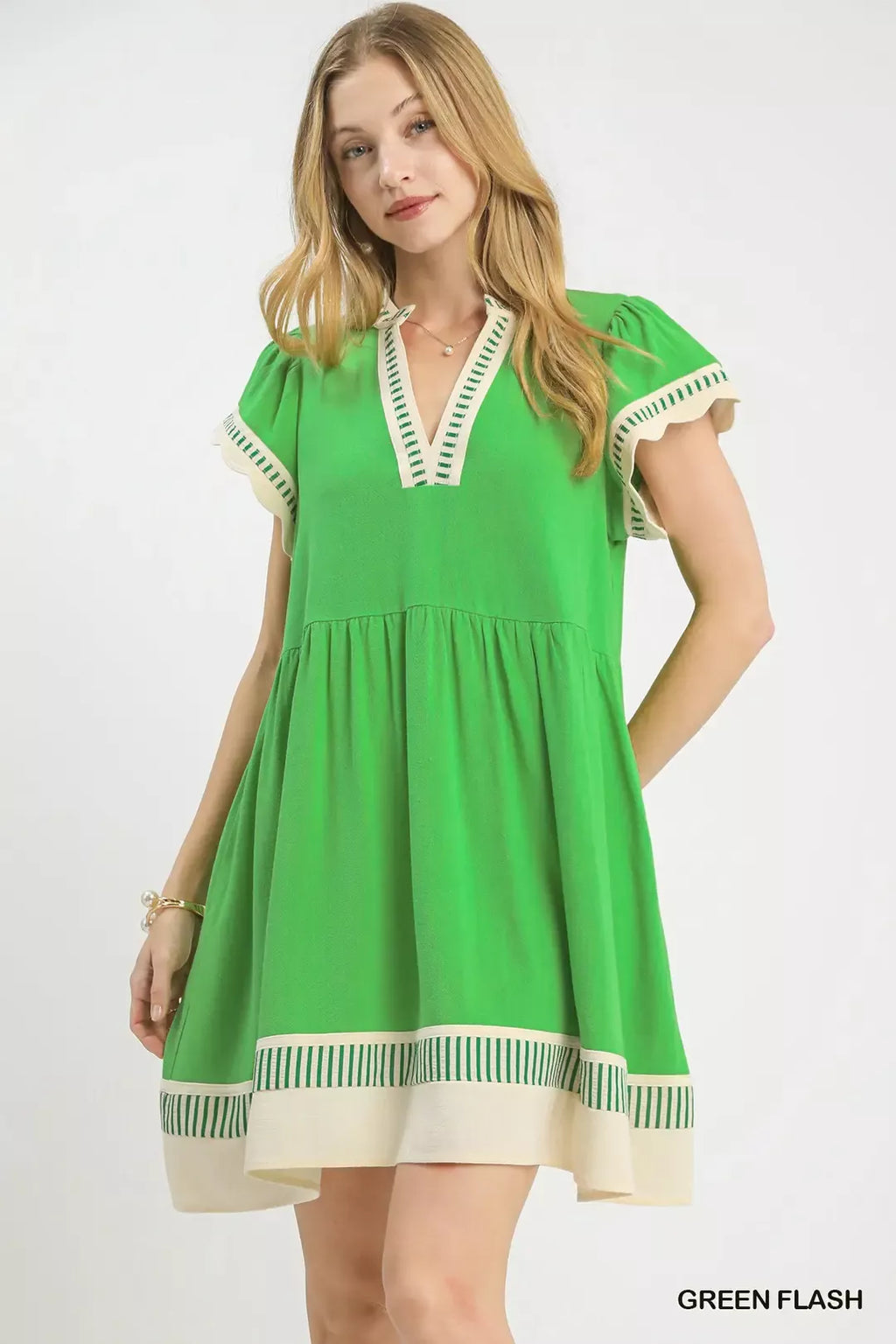 Green Linen Colour Block Flutter Sleeve Dress for Women