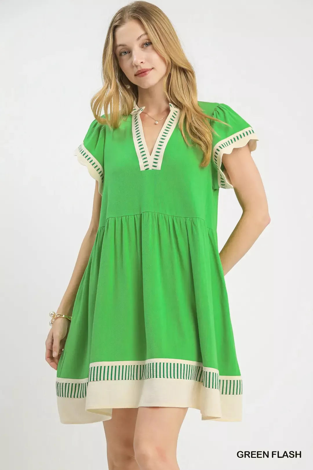 Green Linen Colour Block Flutter Sleeve Dress for Women