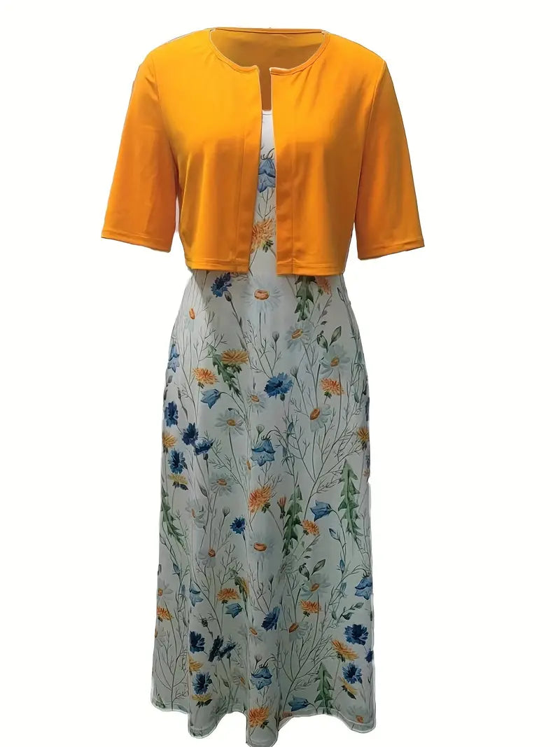 Stylish Two-Piece Floral Dress Set with Solid Crop Top and Round Neckline