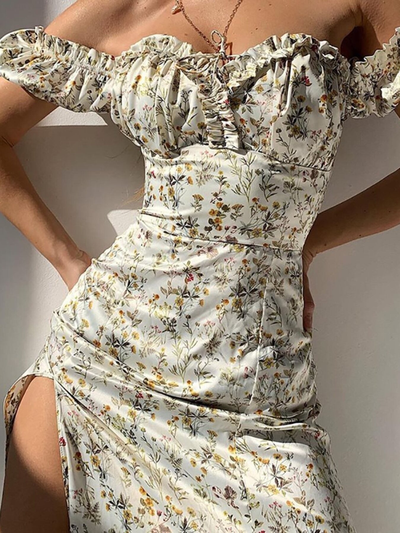 Floral Print Off-Shoulder Slit Midi Dress for Women - gallery