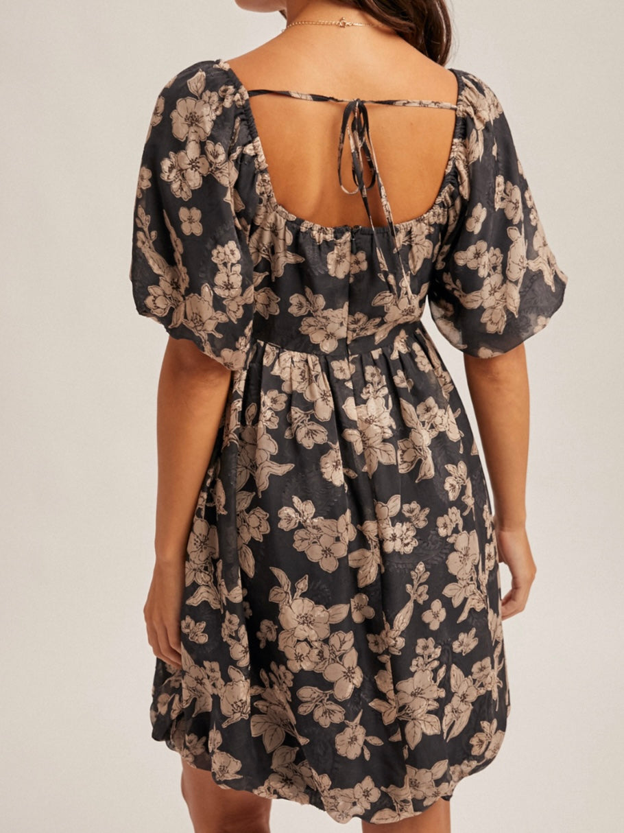 Jacquard Floral Bubble Mini Dress for Women — Square Neck Puff Sleeve - gallery