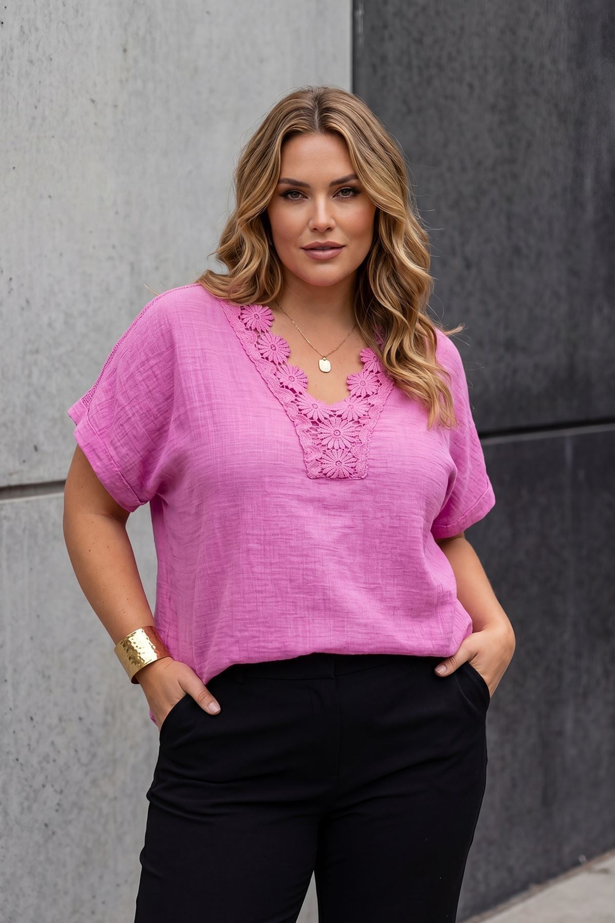 Floral Lace Trim Pattern Tunic Cotton Top