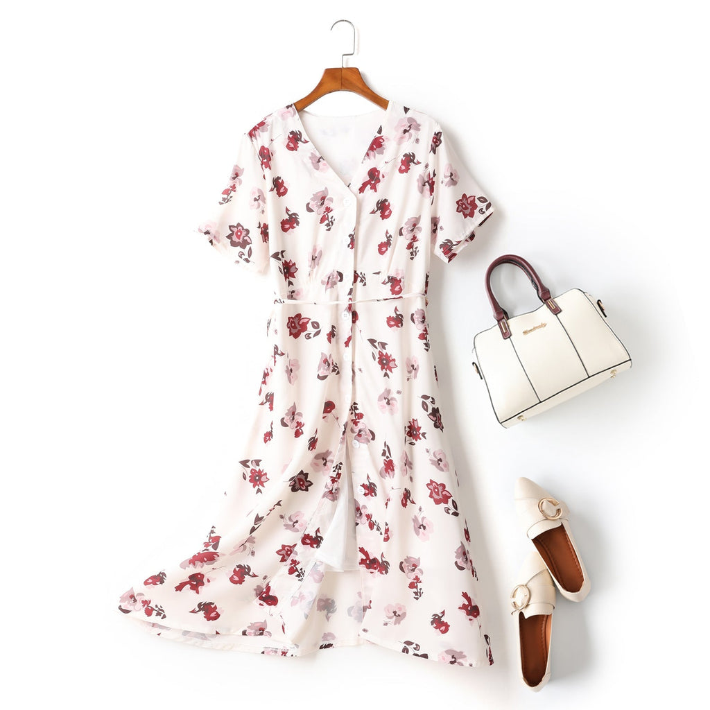 Ella Plus Size White Floral Print V Neck Button Down Short Sleeve Midi D...
