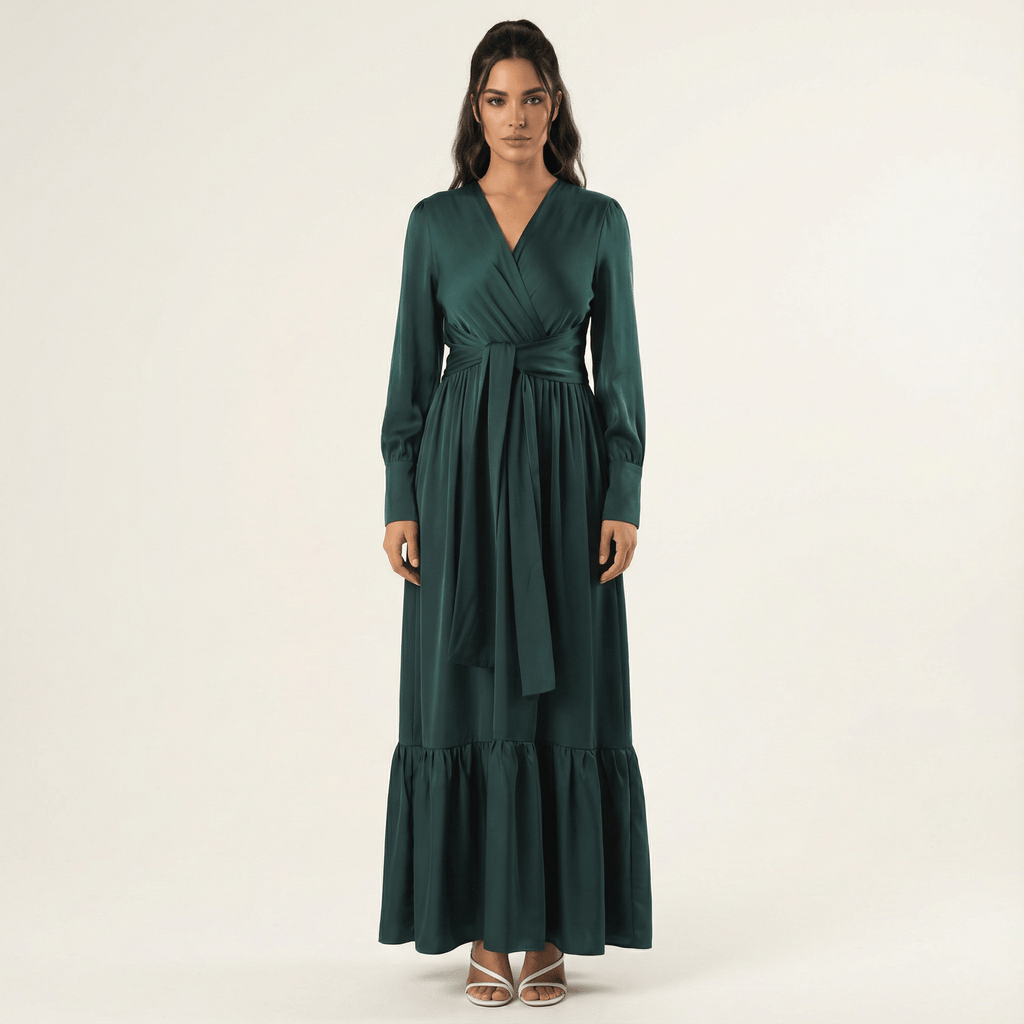 Emerald Satin Long-Sleeve Maxi Dress for Women — V Neckline