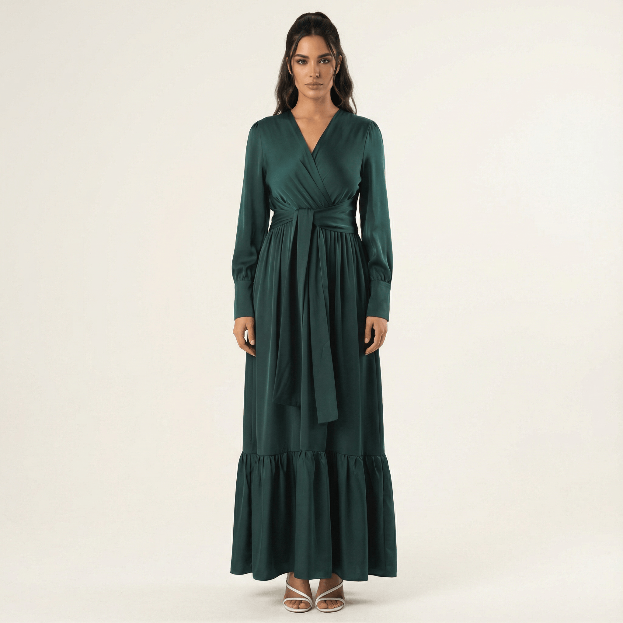 Emerald Satin Long-Sleeve Maxi Dress for Women — V Neckline