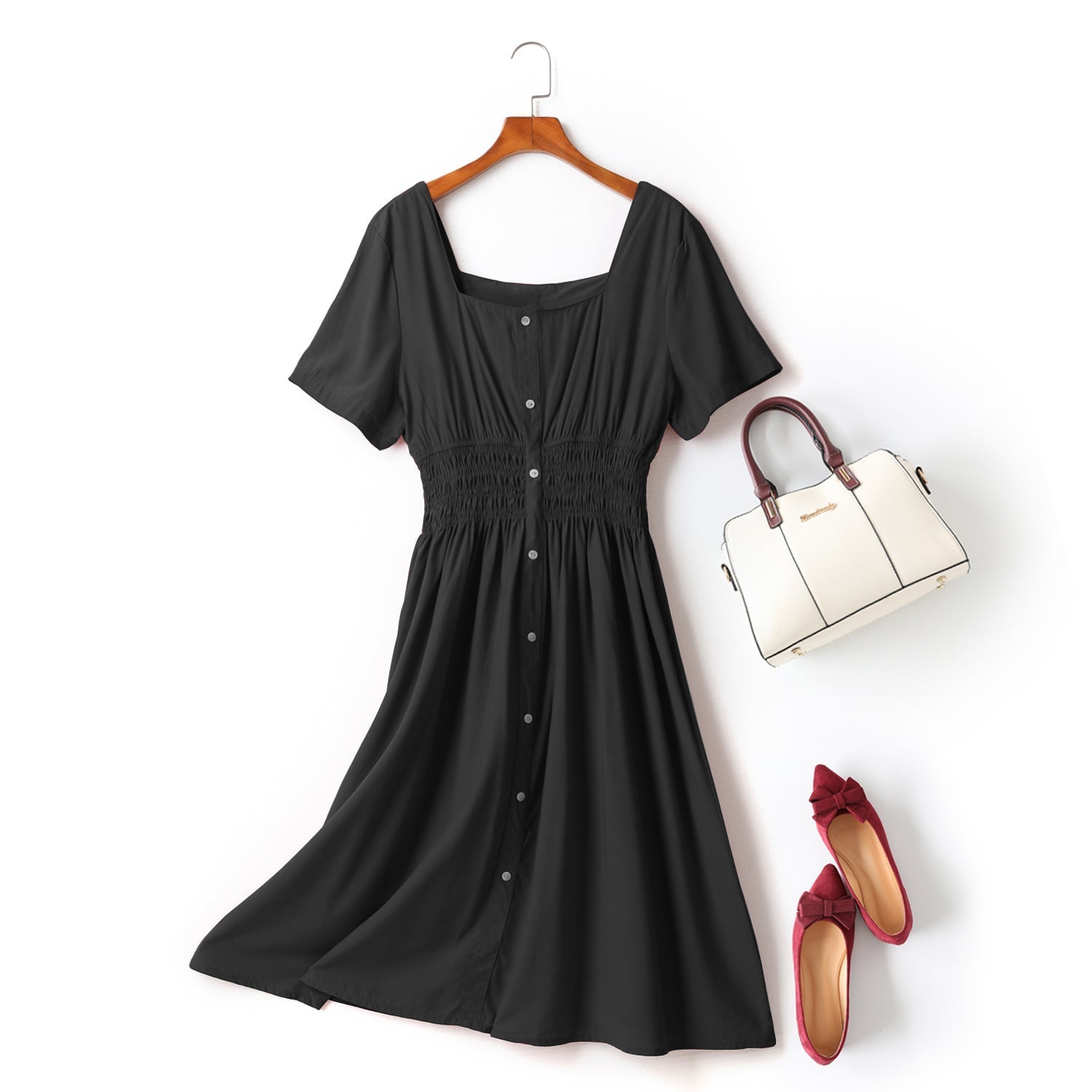 Evonne Plus Size Square Neck Buttons Waist Scrunch Swing Short Sleeve Mi... — gallery