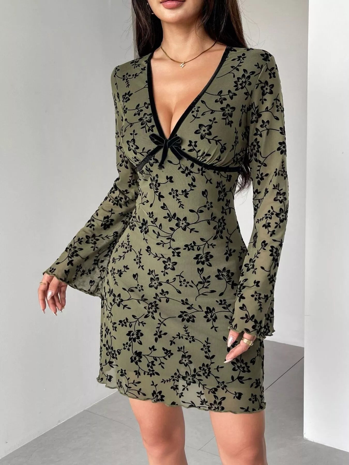 Floral Print Flare Sleeve Mini Dress for Women - gallery