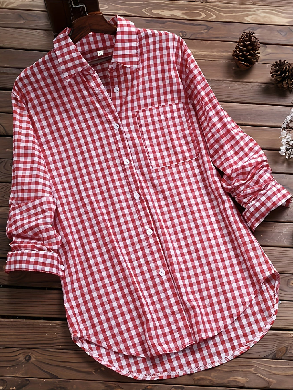 Gingham Print Long Sleeve Shirt Top for Women - gallery