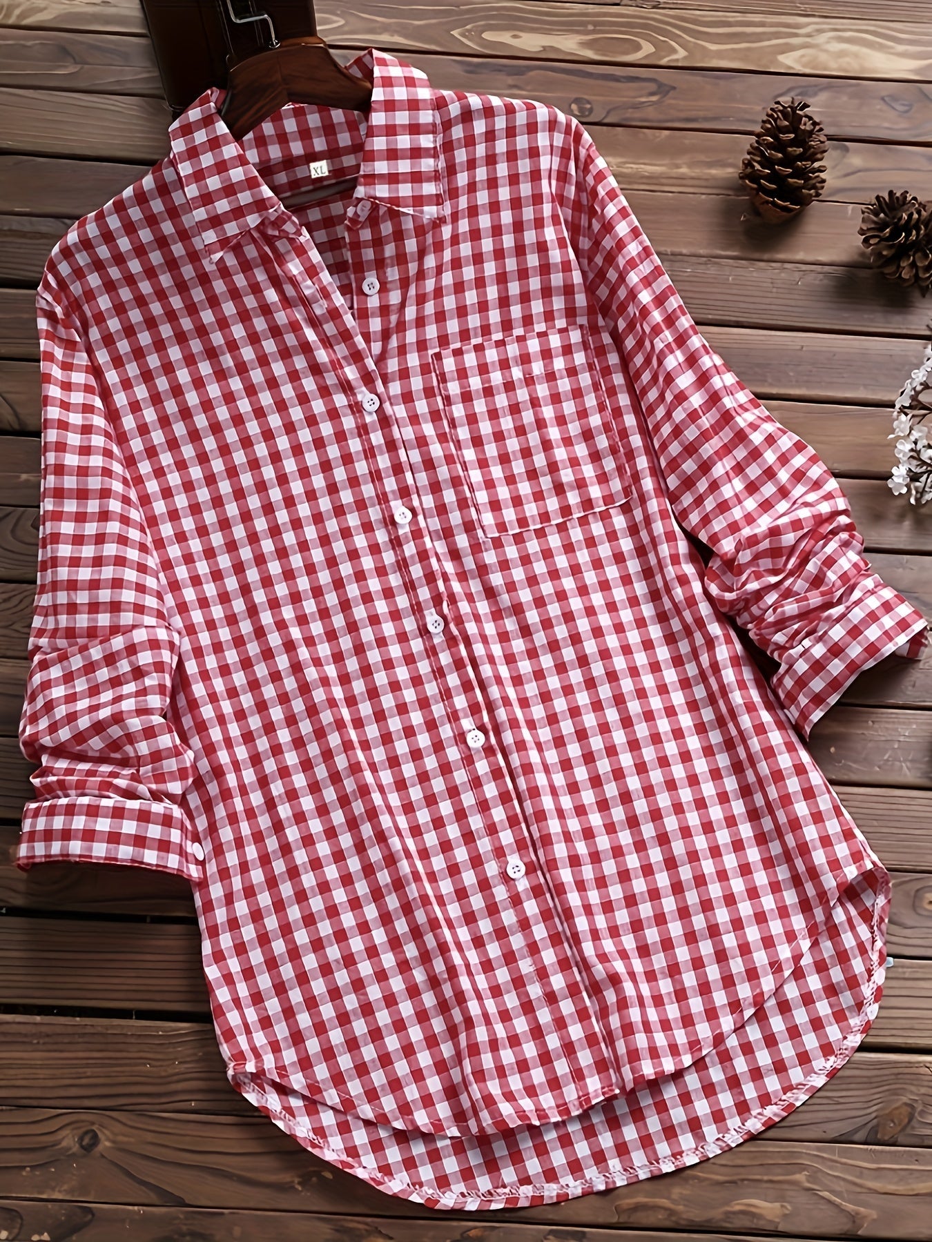 Gingham Print Long Sleeve Shirt Top for Women - gallery