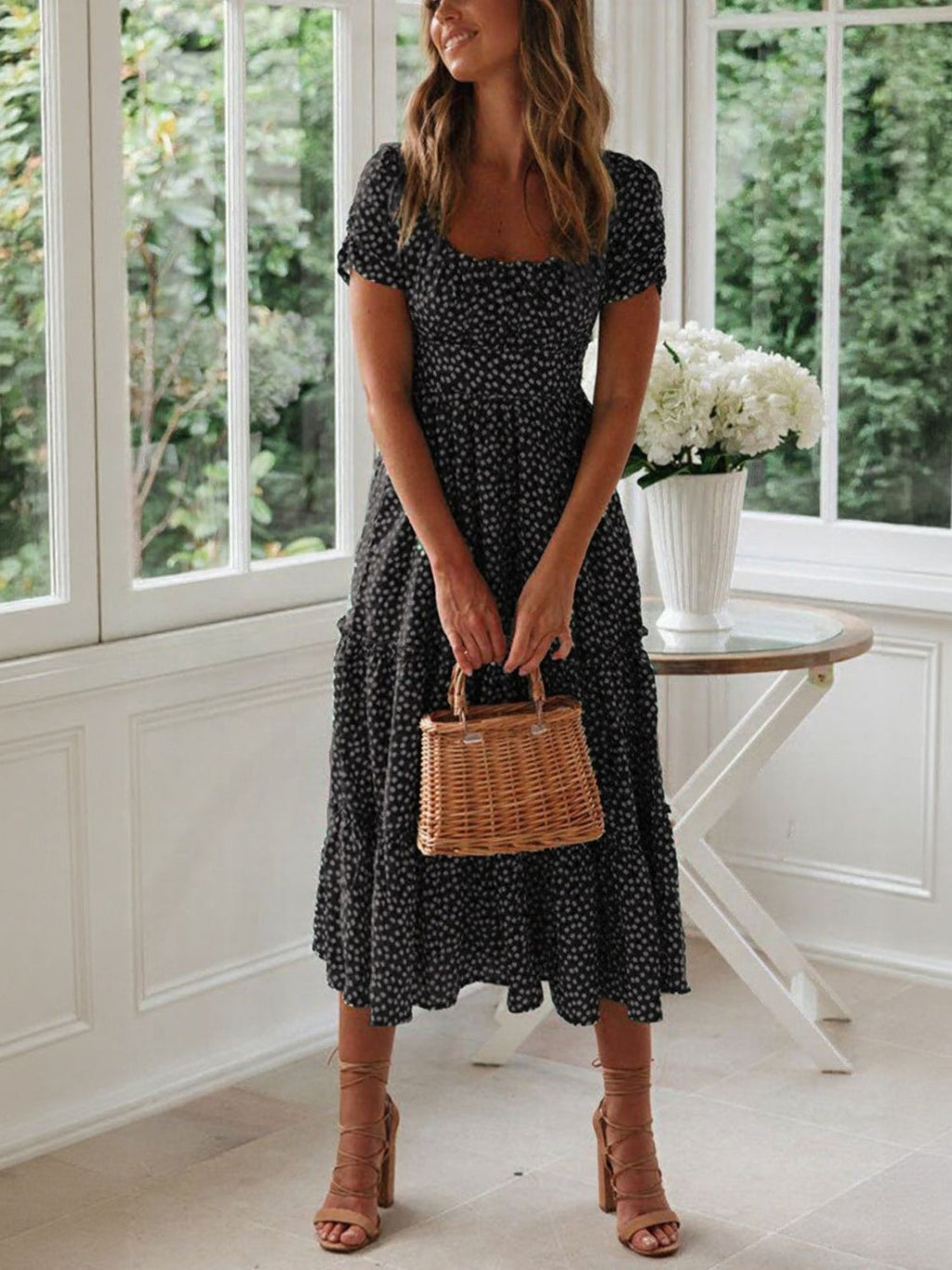 Printed Square Neck Short Sleeve Midi Dress for Women - gallery