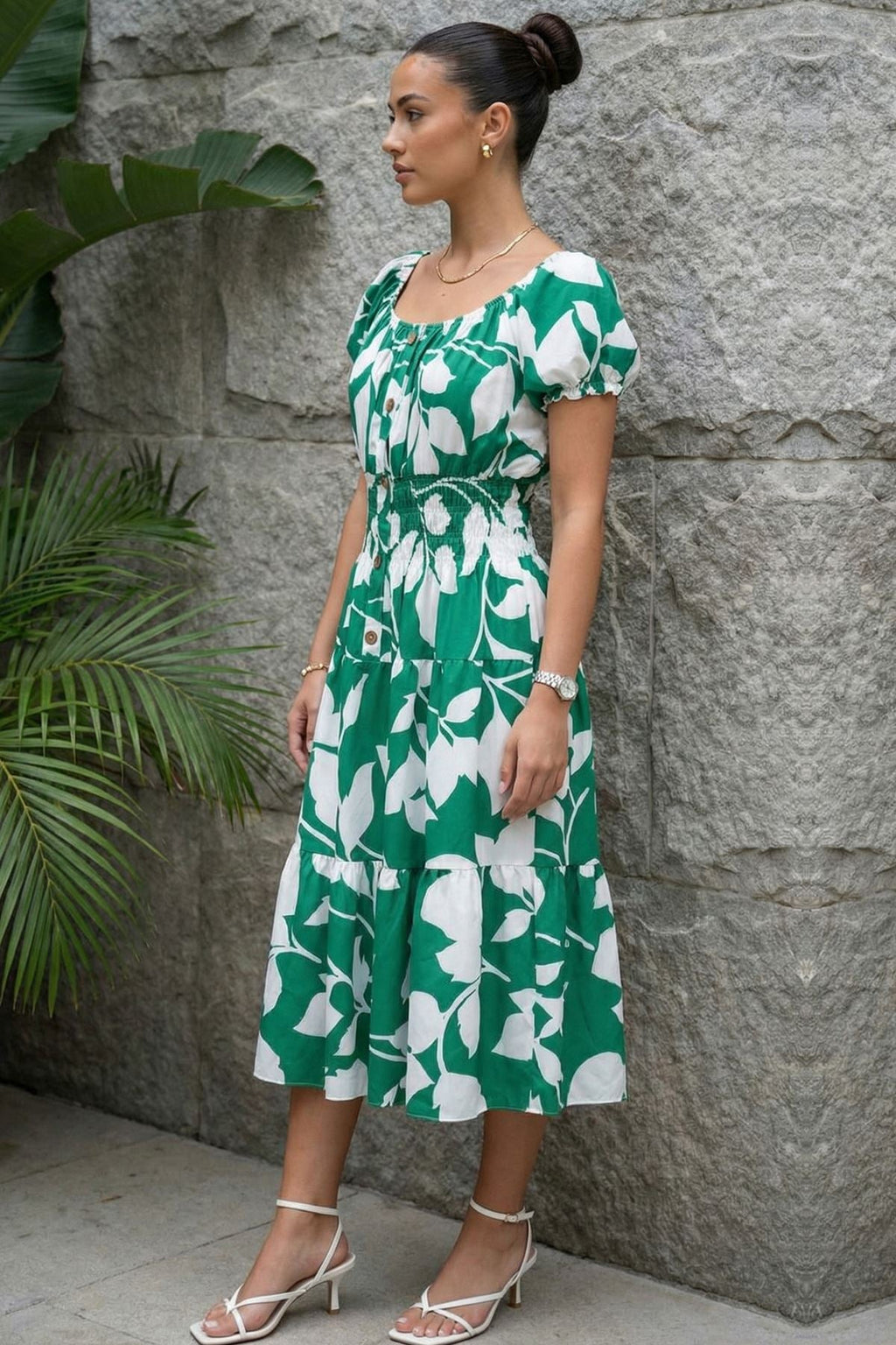 Abstract Botanical Print Elasticated Tiered Dress — gallery