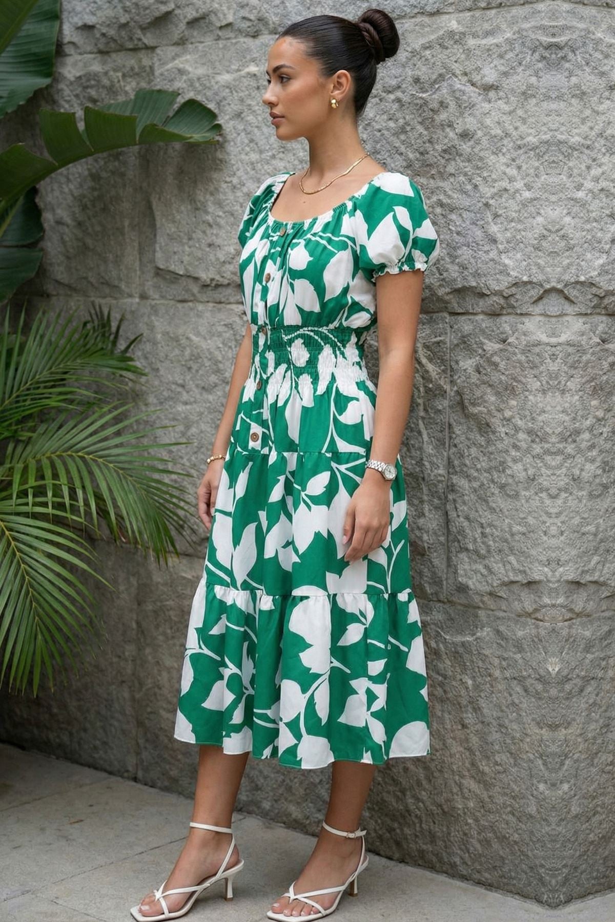 Abstract Botanical Print Elasticated Tiered Dress — gallery