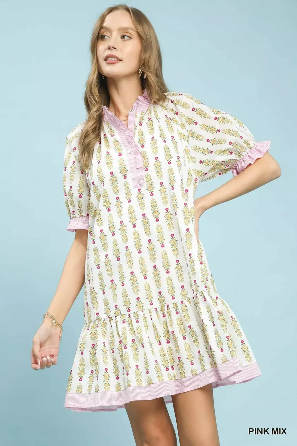 Pink Floral Tiered Mini Dress for Women — Striped Trim Detail