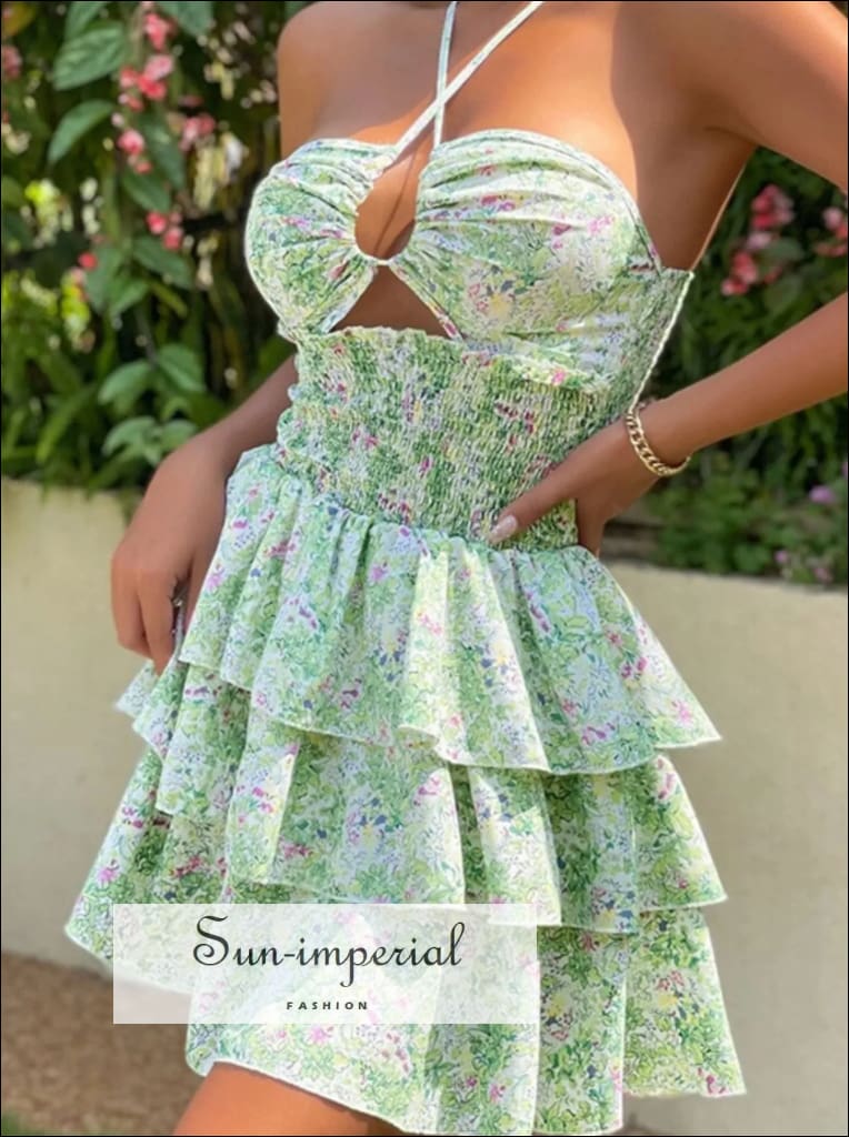 Floral Halter Cutout Ruffled Mini Dress for Women