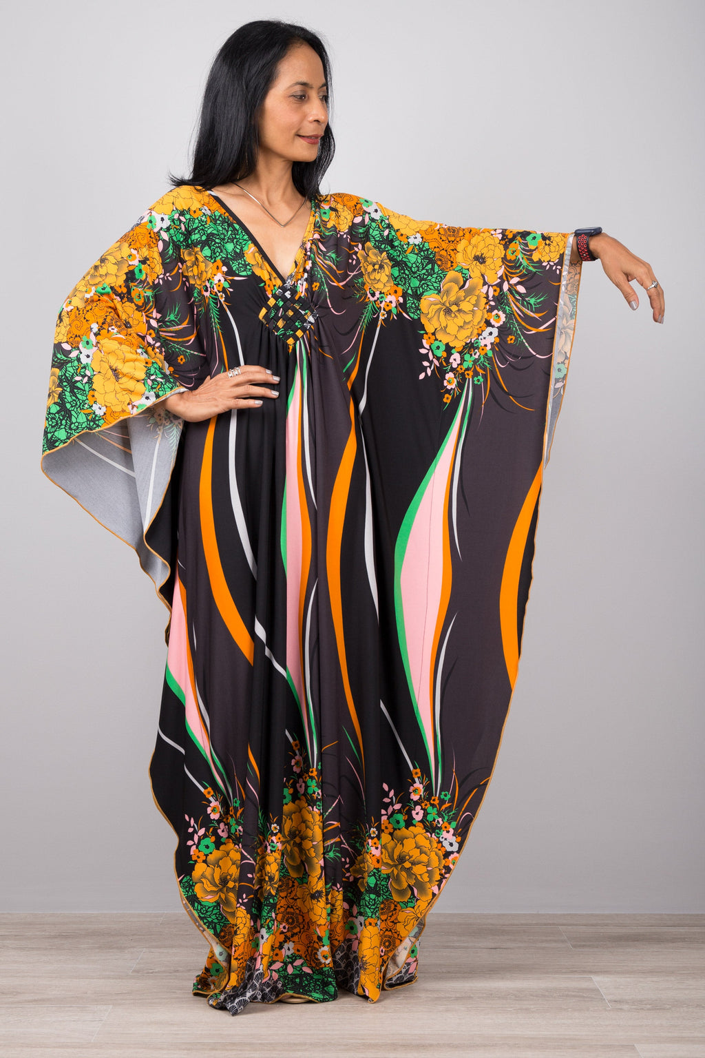 Vibrant Floral Kaftan Dress for Women — Boho Flowing - gallery