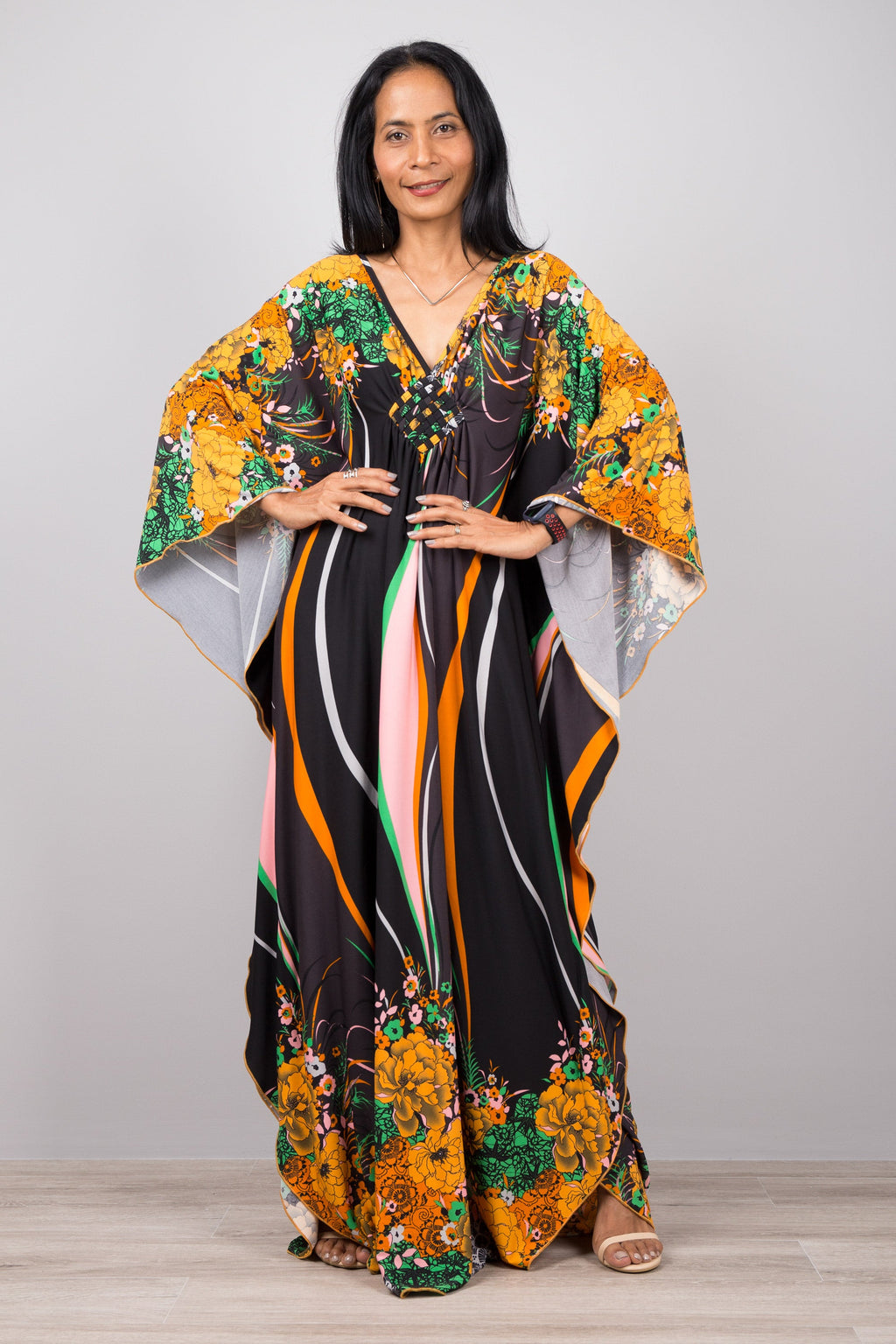 Vibrant Floral Kaftan Dress for Women — Boho Flowing - gallery