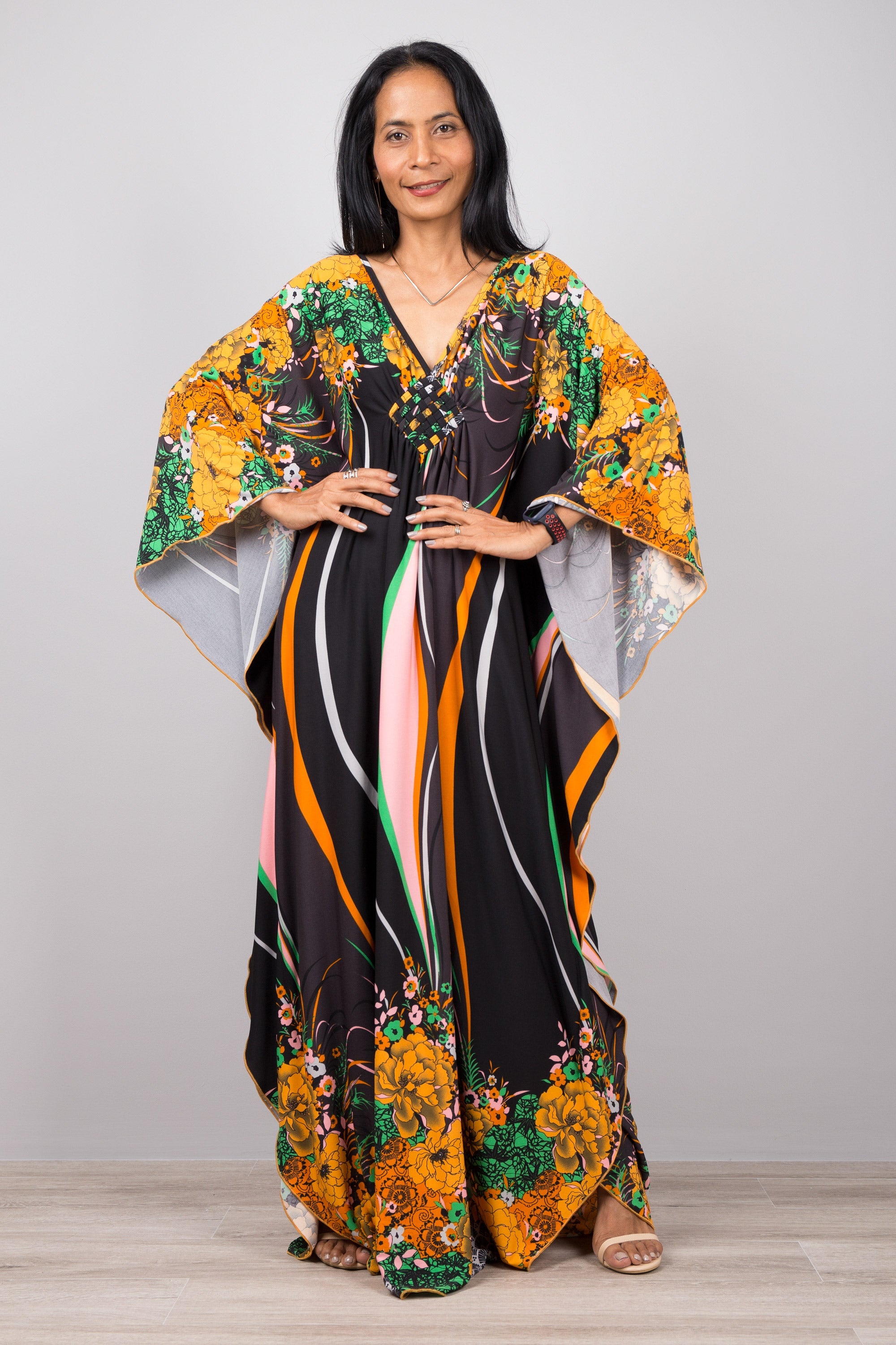 Vibrant Floral Kaftan Dress for Women — Boho Flowing - gallery