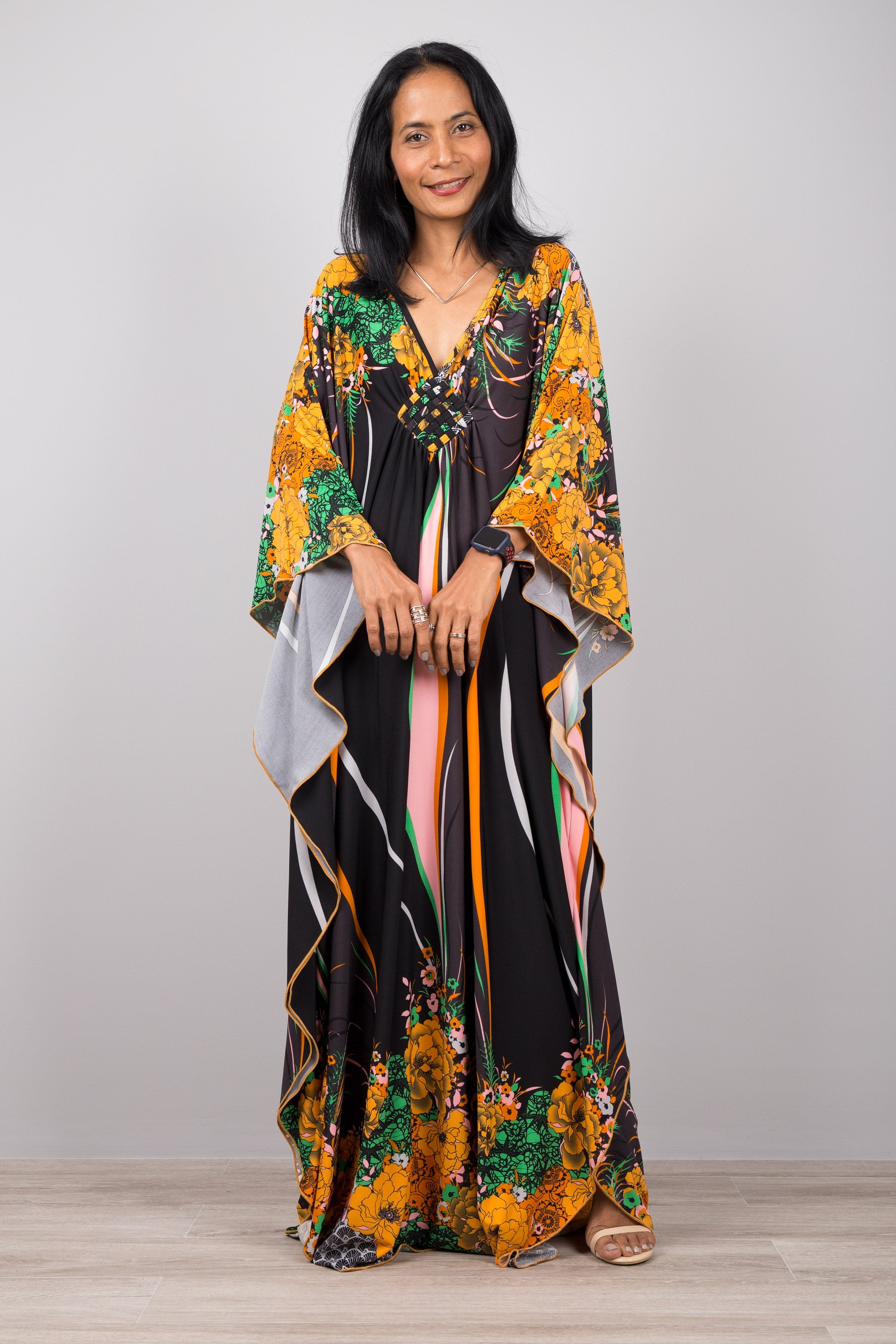 Vibrant Floral Kaftan Dress for Women — Boho Flowing - gallery