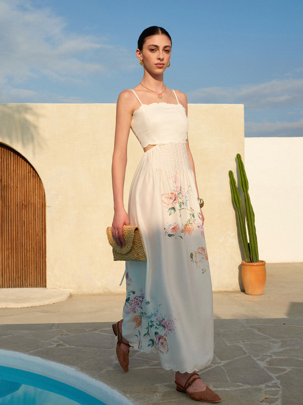 Floral Linen Maxi Dress with Cutout Waist and Scalloped Hem - gallery