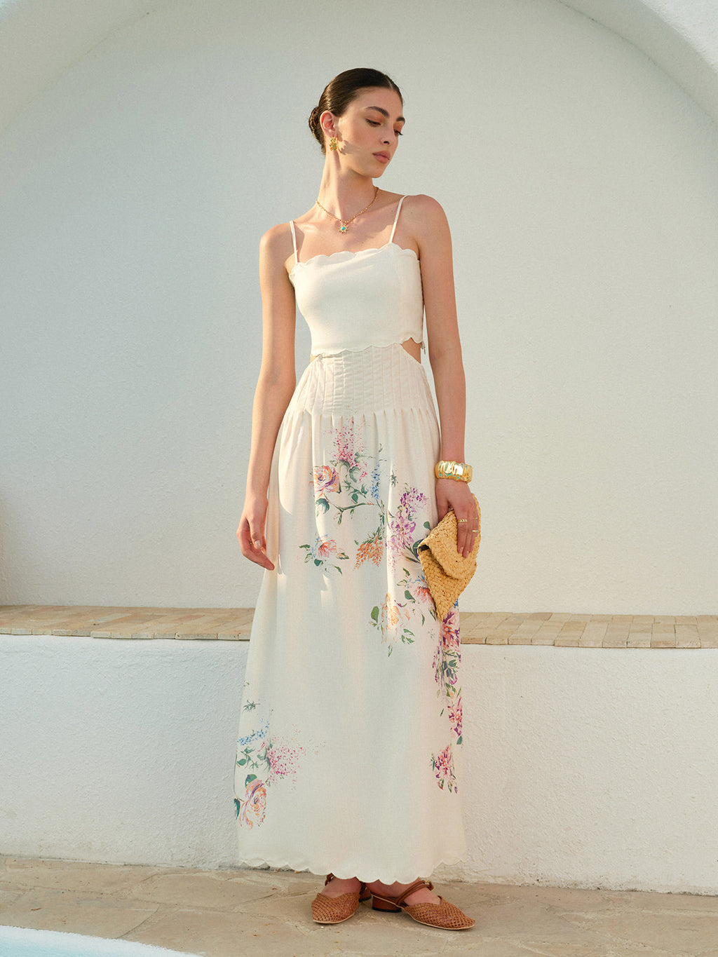 Floral Linen Maxi Dress with Cutout Waist and Scalloped Hem - gallery