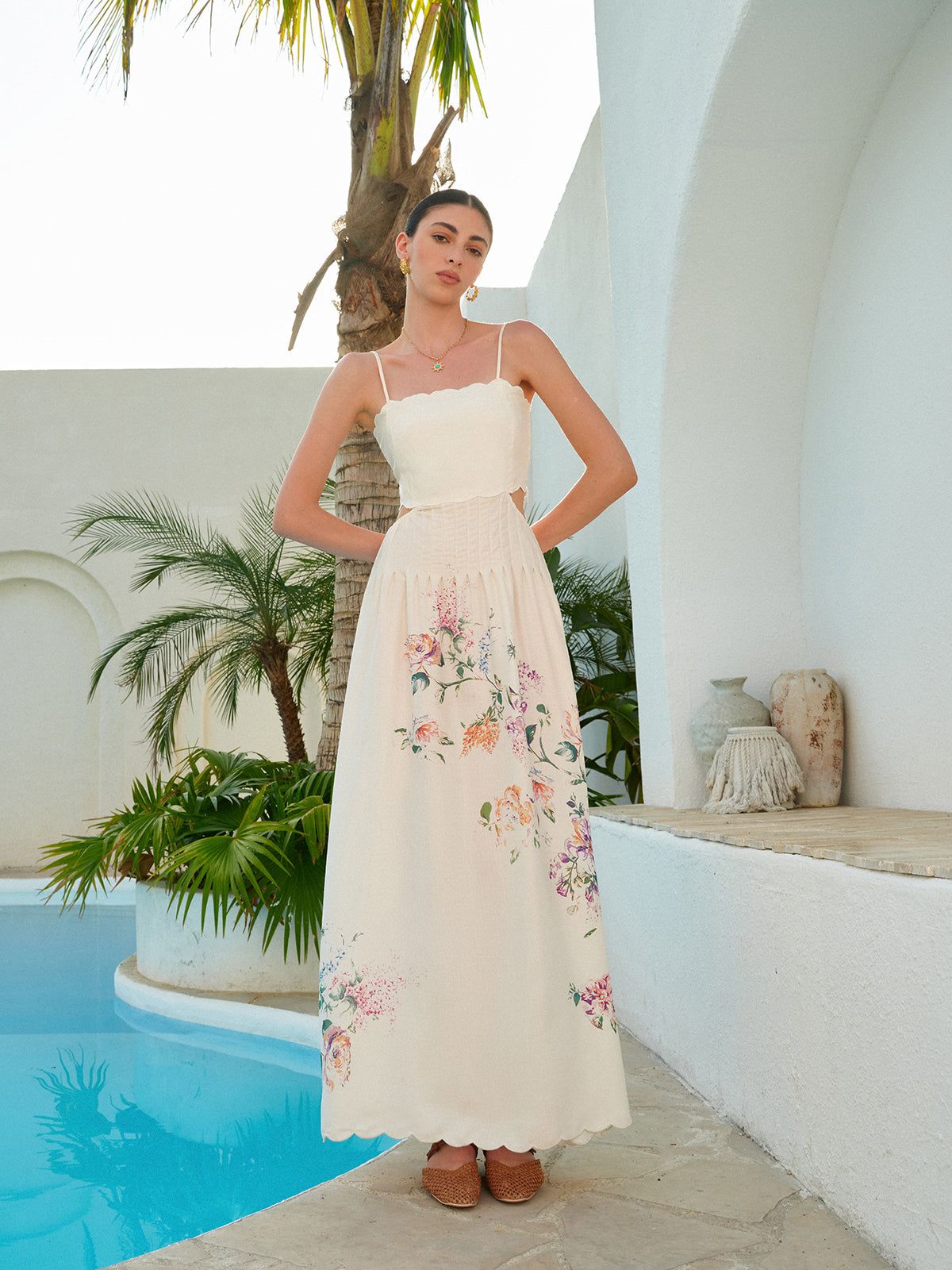 Floral Linen Maxi Dress with Cutout Waist and Scalloped Hem