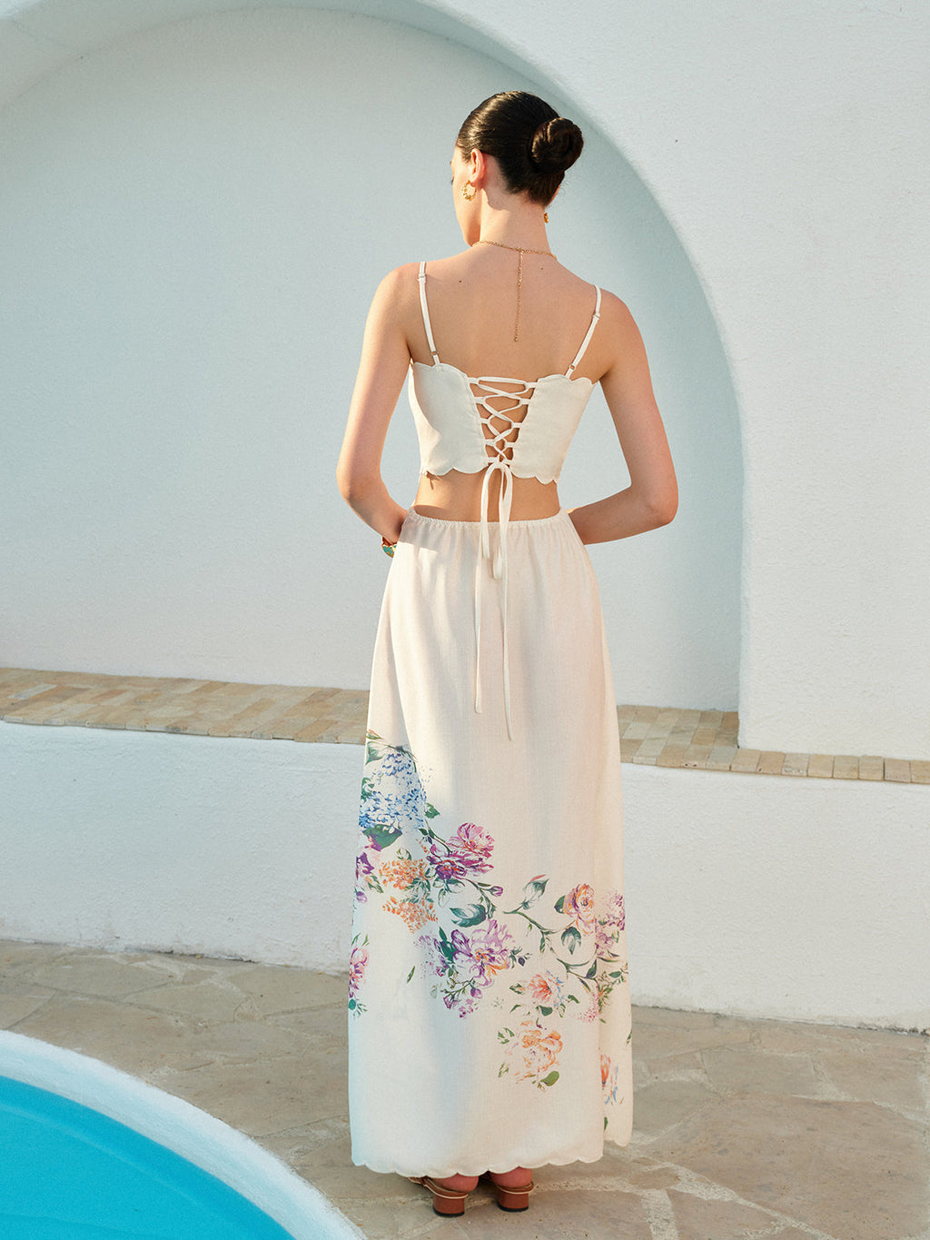 Floral Linen Maxi Dress with Cutout Waist and Scalloped Hem - gallery