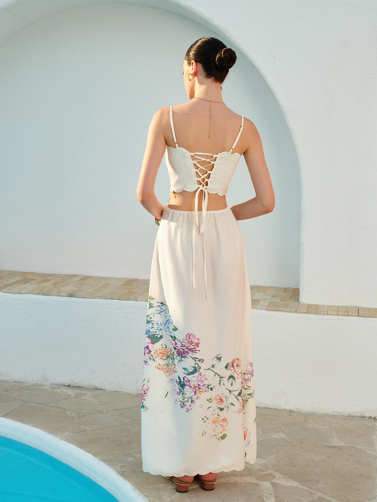Floral Linen Maxi Dress with Cutout Waist and Scalloped Hem - gallery
