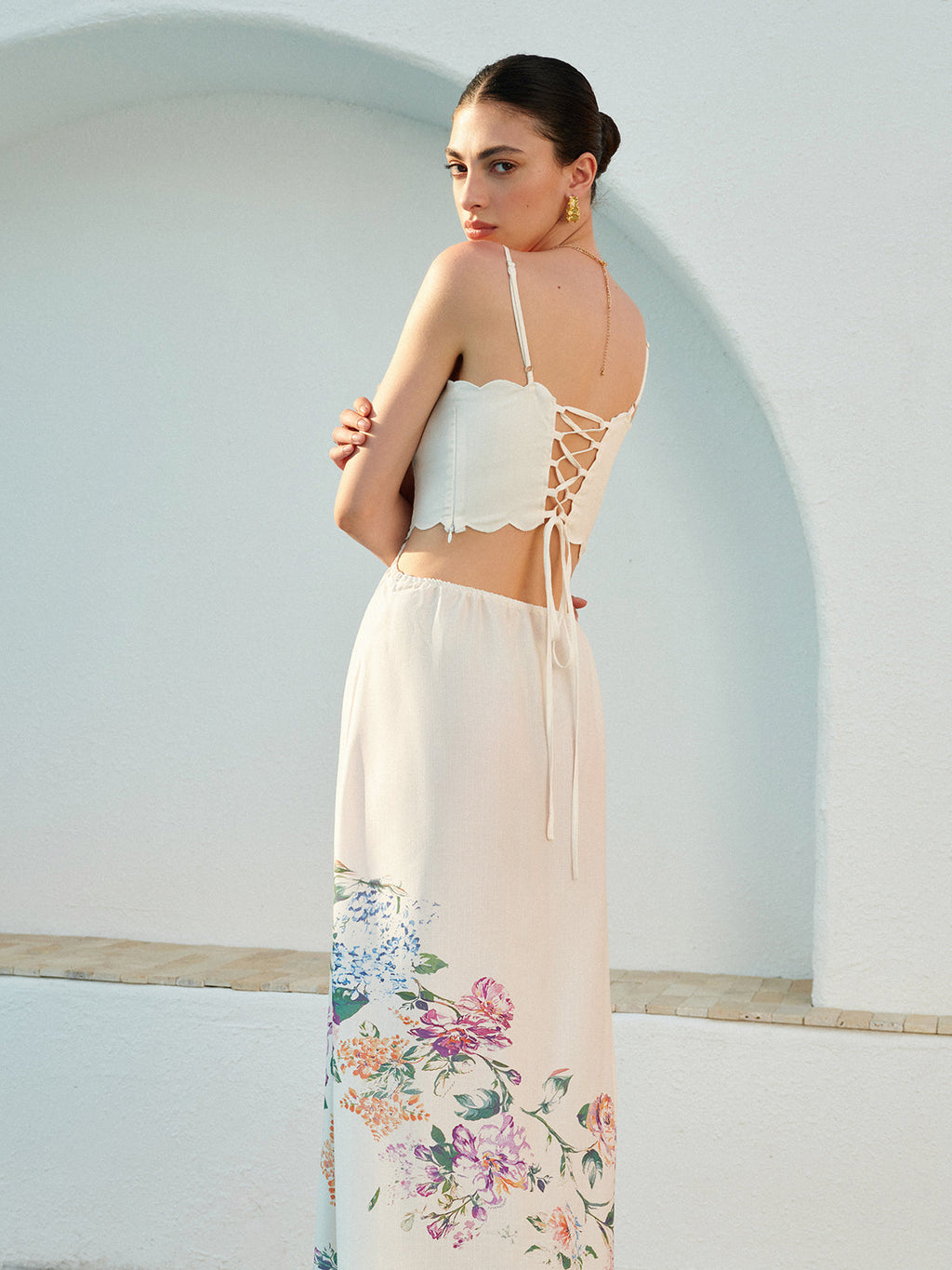 Floral Linen Maxi Dress with Cutout Waist and Scalloped Hem - gallery