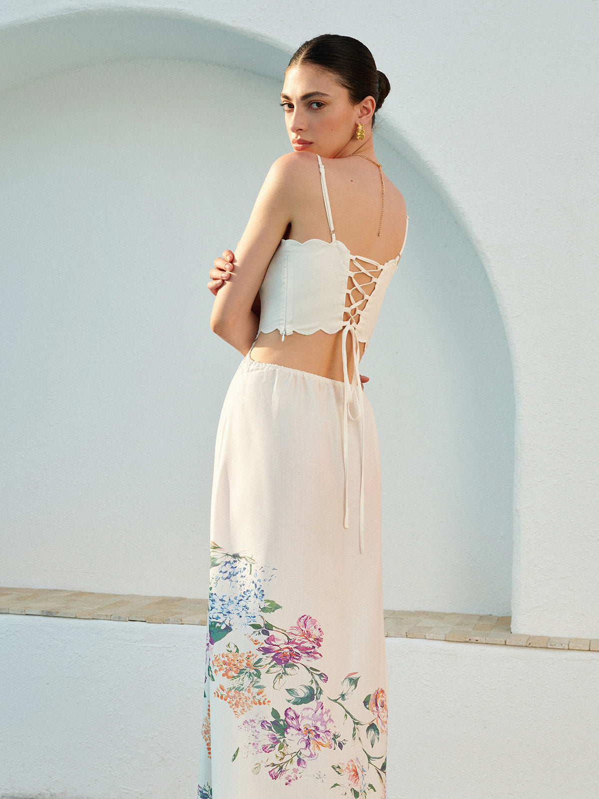 Floral Linen Maxi Dress with Cutout Waist and Scalloped Hem - gallery