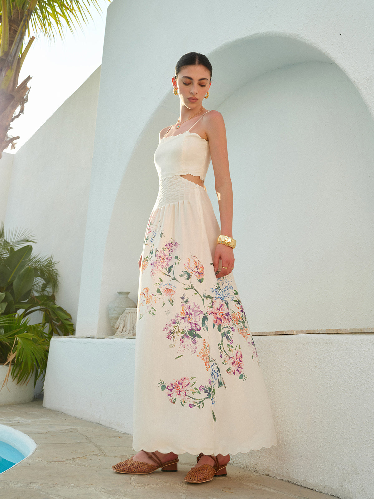 Floral Linen Maxi Dress with Cutout Waist and Scalloped Hem - gallery