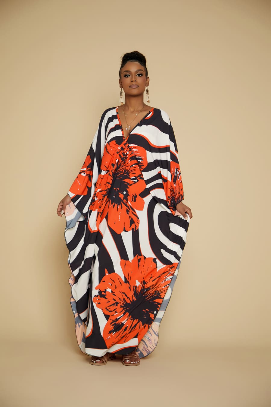 Red Flower Kaftan Dress for Women — Batwing Beach Cover-Up - gallery