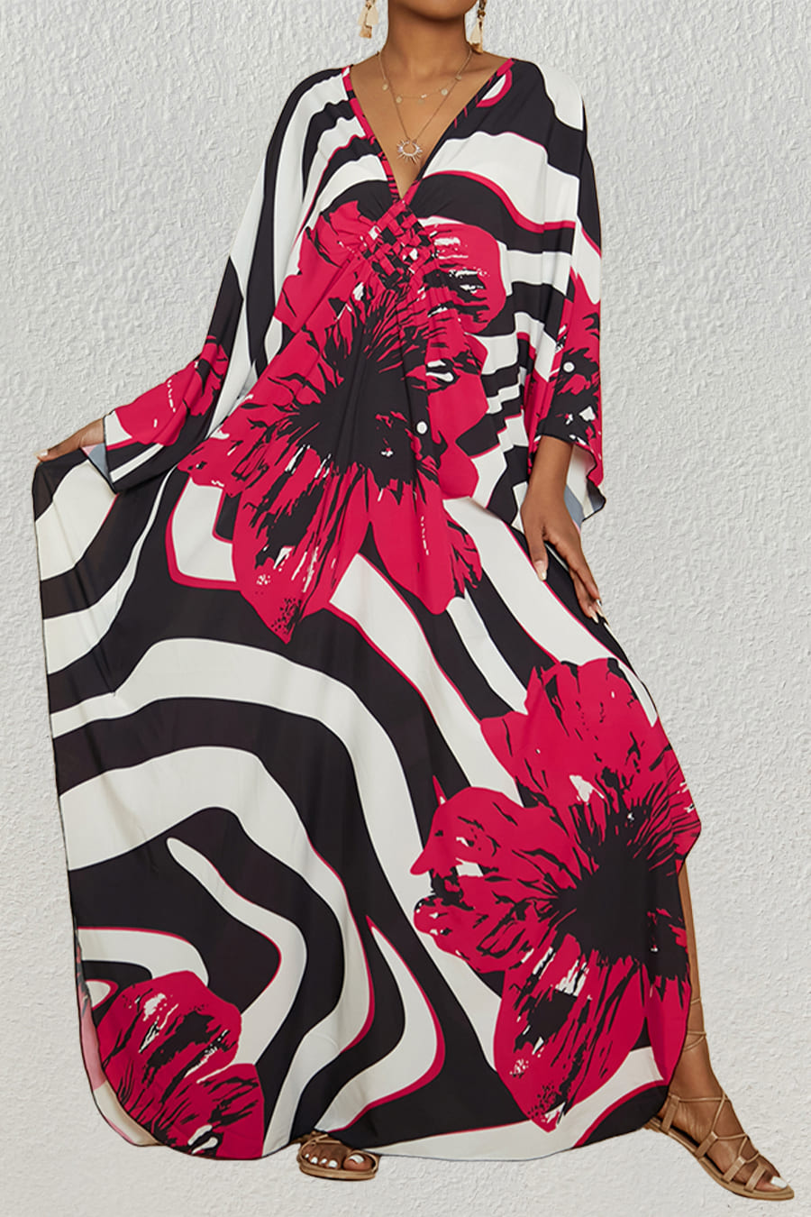 Red Flower Kaftan Dress for Women — Batwing Beach Cover-Up