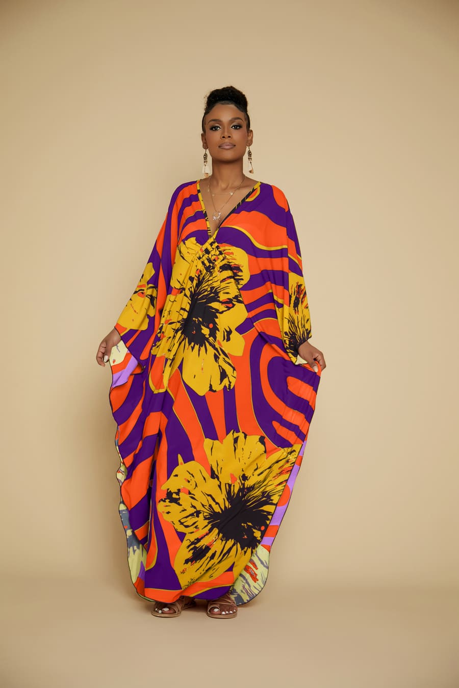 Red Flower Kaftan Dress for Women — Batwing Beach Cover-Up - gallery