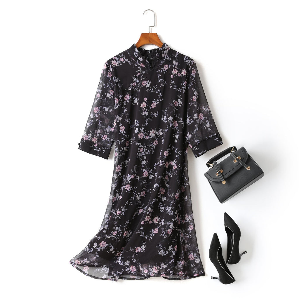 Gina Plus Size Floral Print Chiffon Cheongsam Qipao Mid Sleeve Dress (Bl...