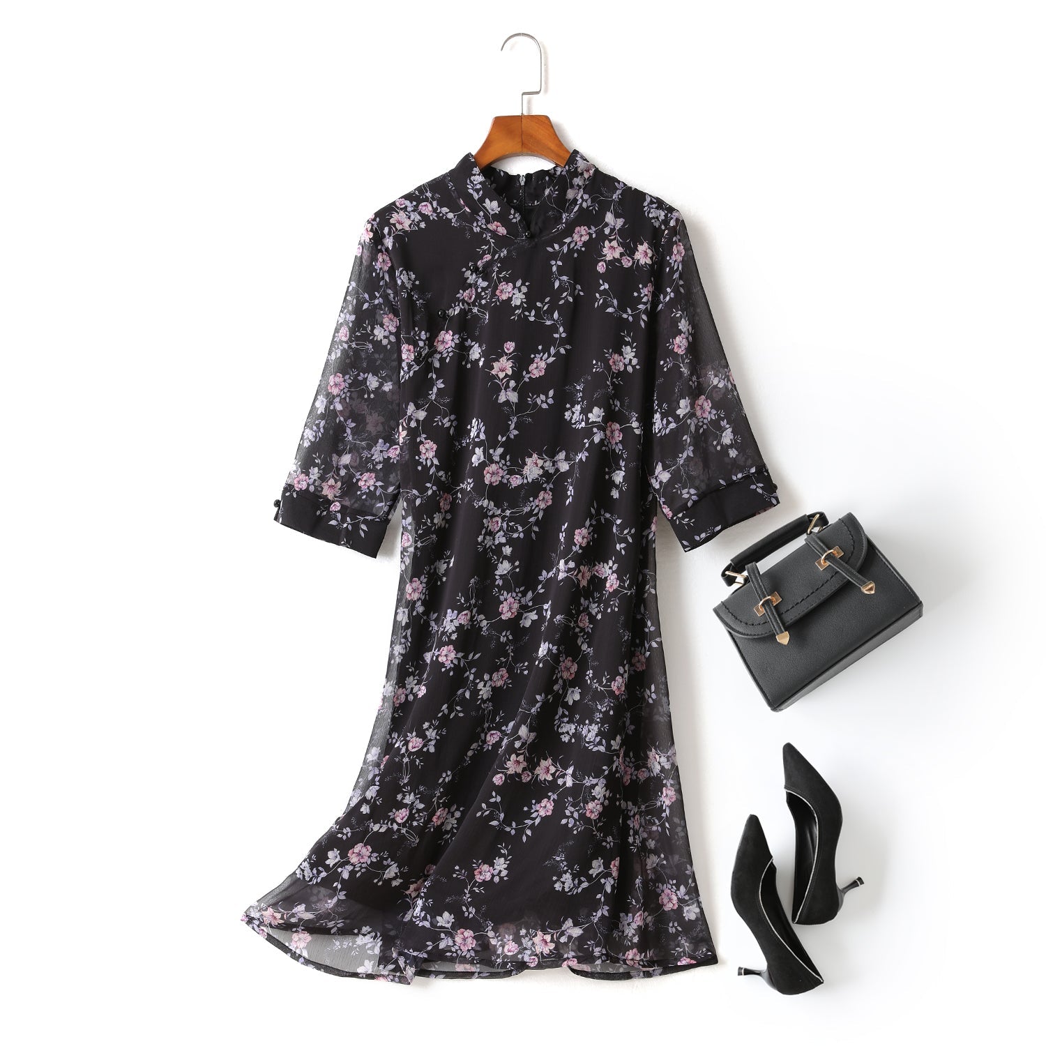 Gina Plus Size Floral Print Chiffon Cheongsam Qipao Mid Sleeve Dress (Bl...