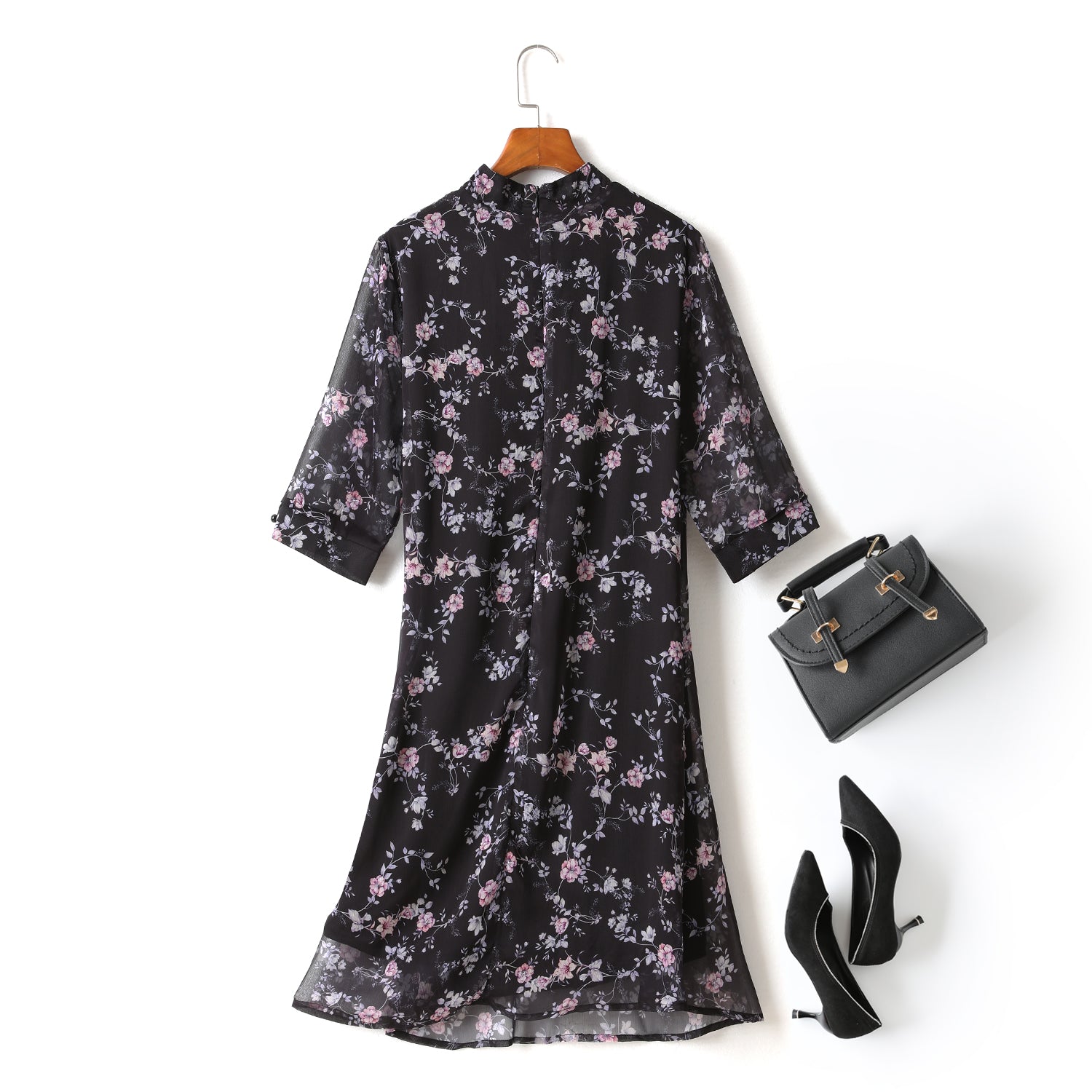 Gina Plus Size Floral Print Chiffon Cheongsam Qipao Mid Sleeve Dress (Bl... — gallery