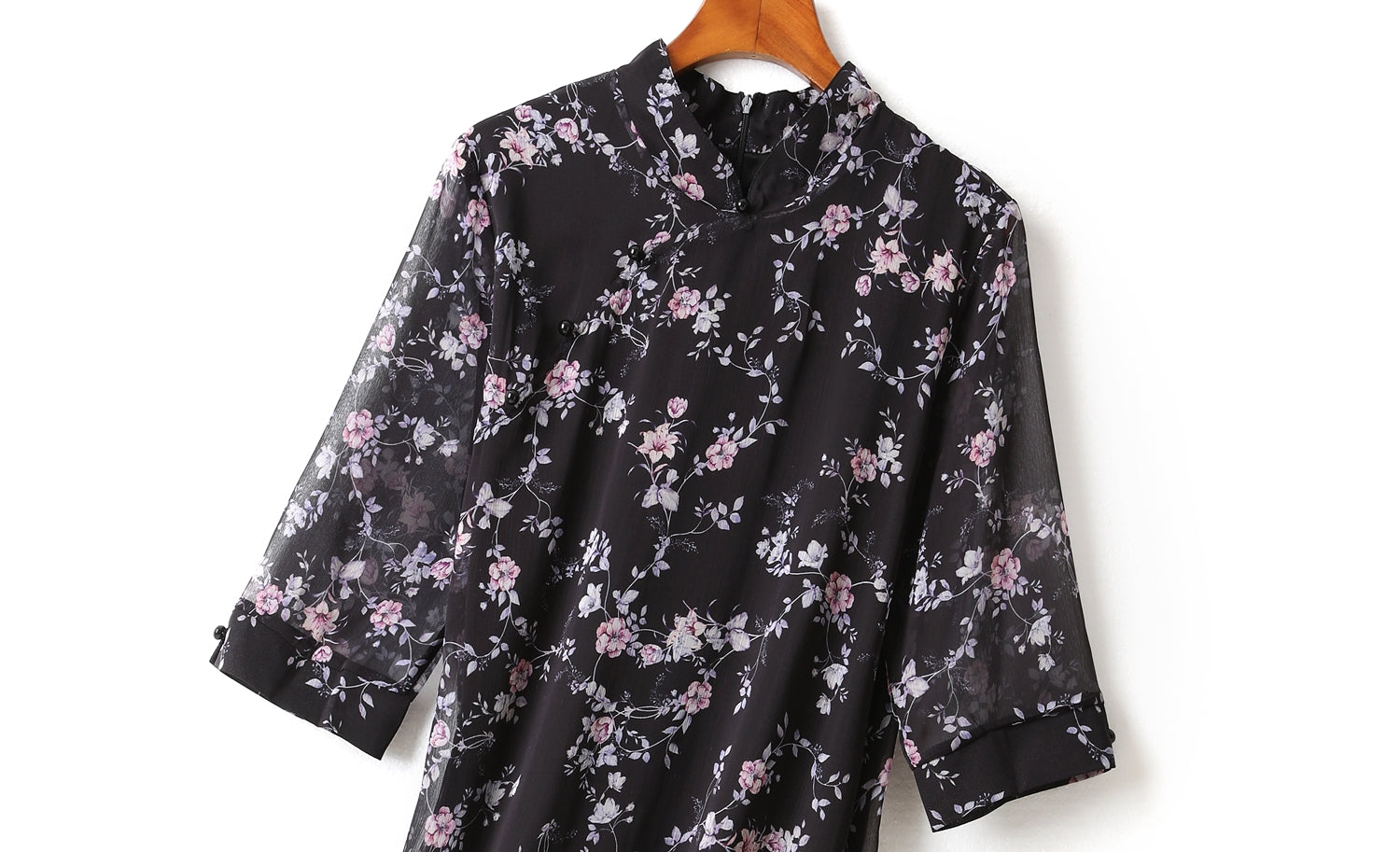 Gina Plus Size Floral Print Chiffon Cheongsam Qipao Mid Sleeve Dress (Bl... — gallery