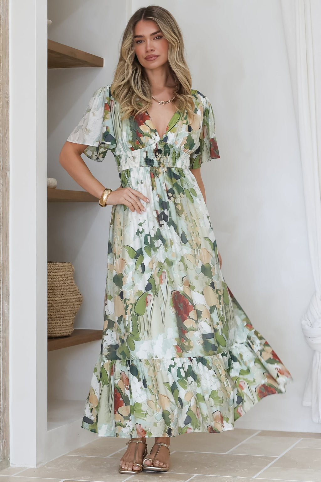 Glades Maxi Dress - V Neck Shirred Waist A Line Dress in Kamara Print Green — gallery