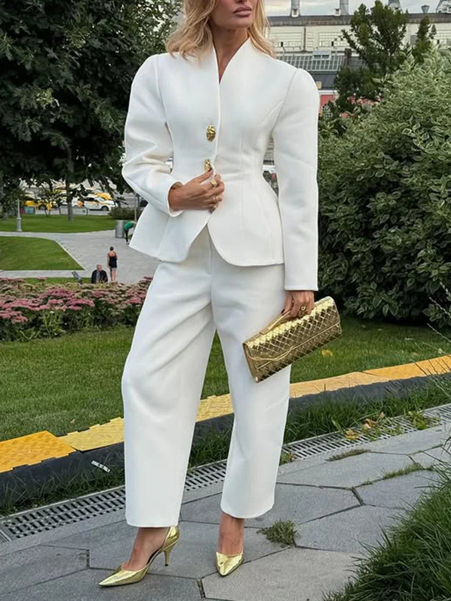 Stand Collar Gold Button Blazer & Trouser Set Trousers for Women - gallery