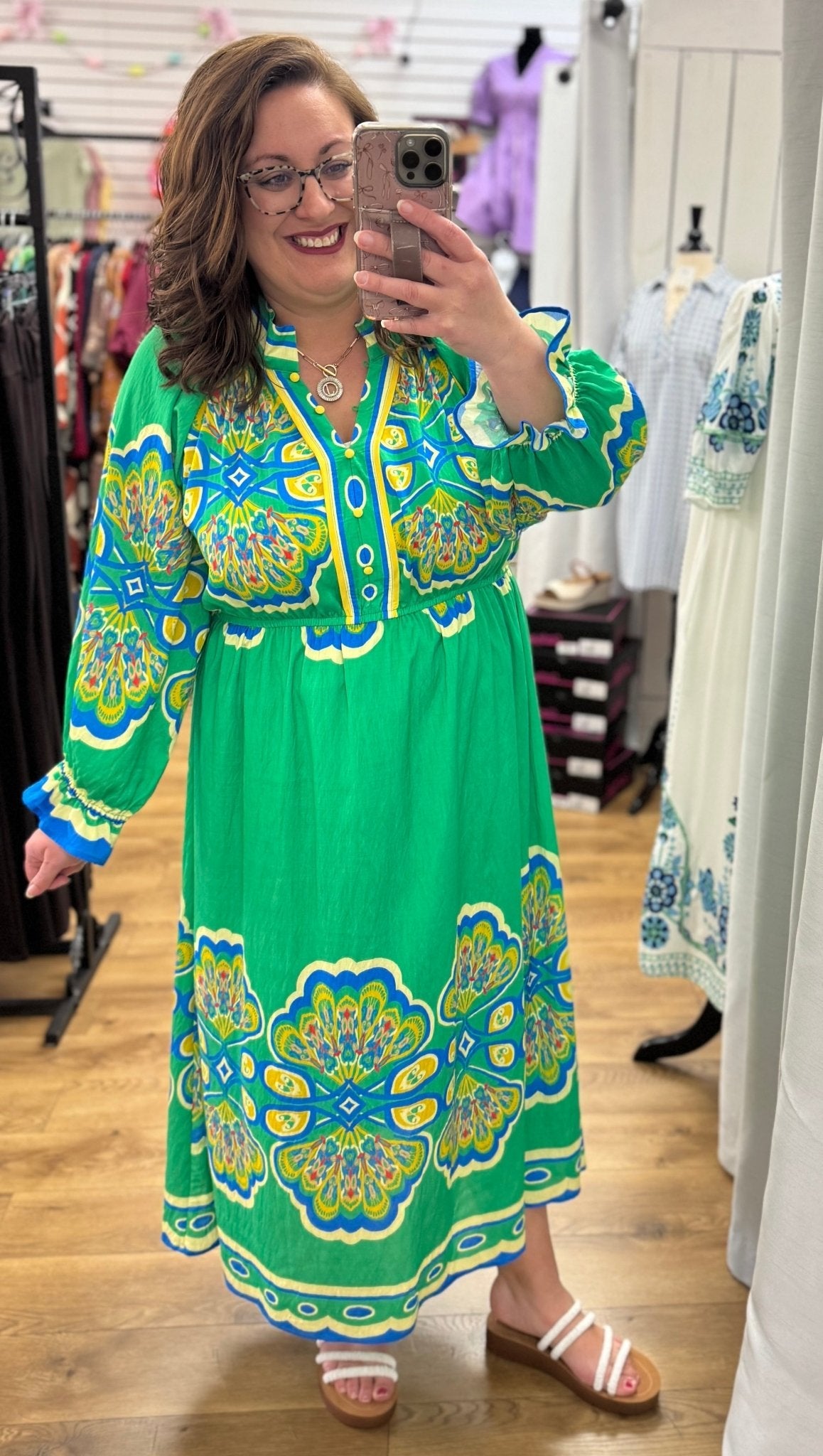 Green Border Print Midi Dress for Women — Kimono Sleeves Empire Waist - gallery