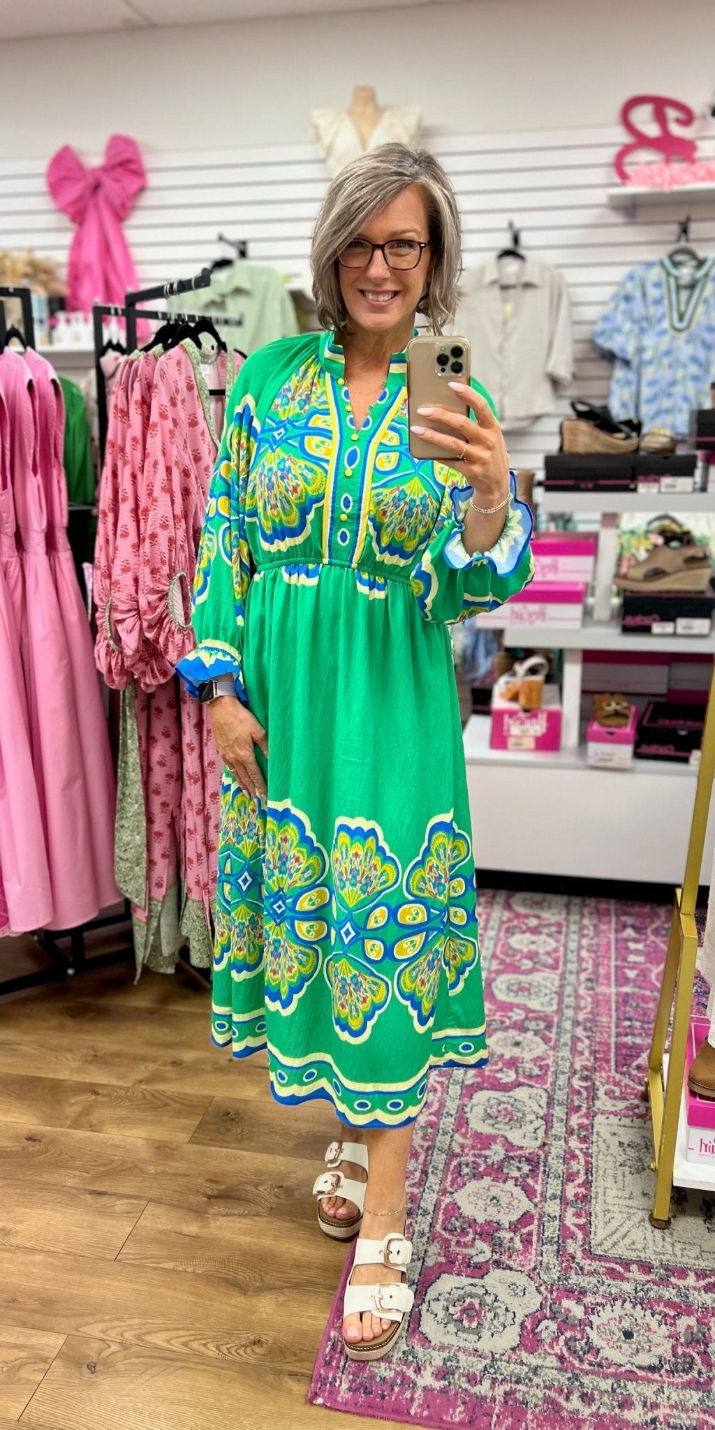 Green Border Print Midi Dress for Women — Kimono Sleeves Empire Waist