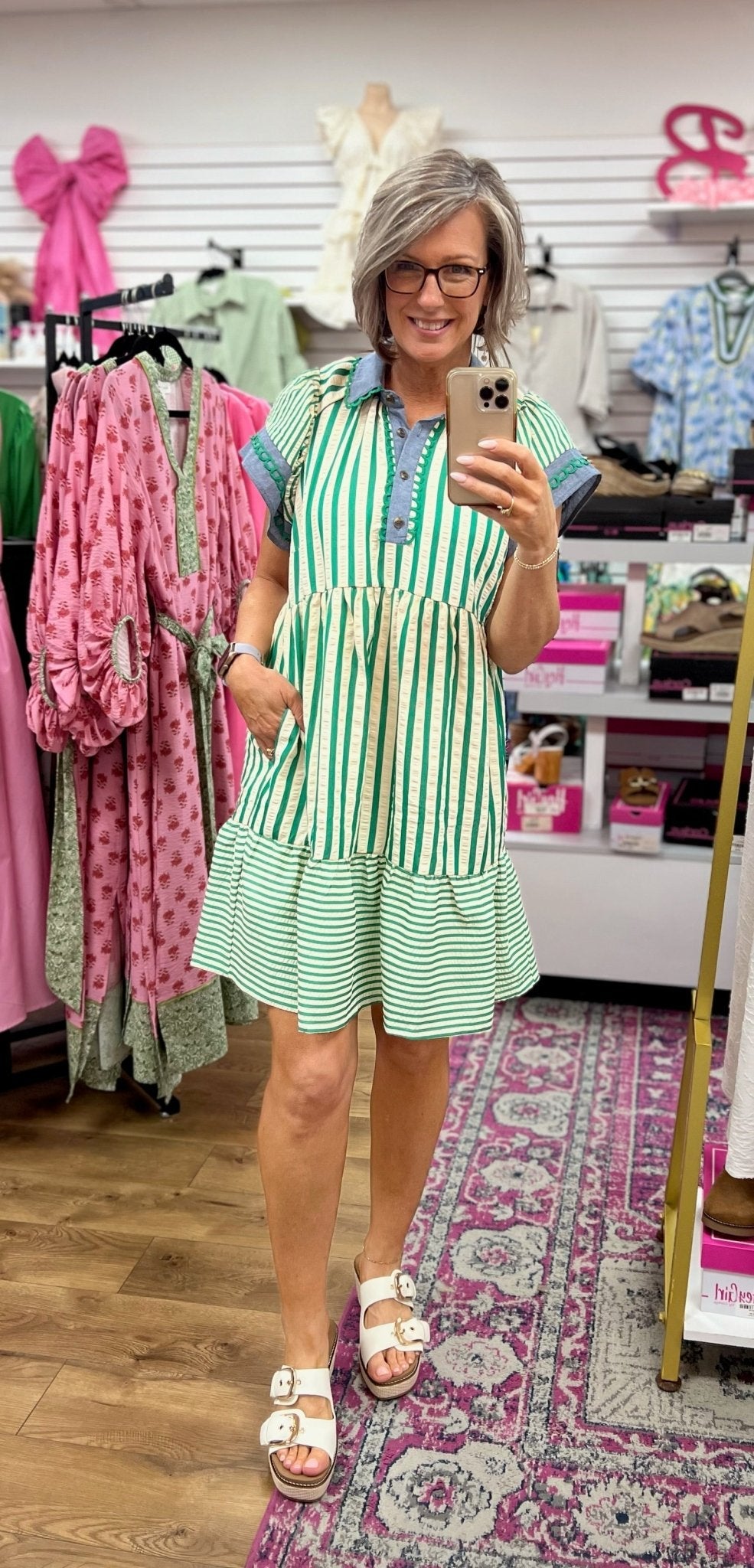 Green Striped Contrast Trim Dress for Women — Flutter Sleeve