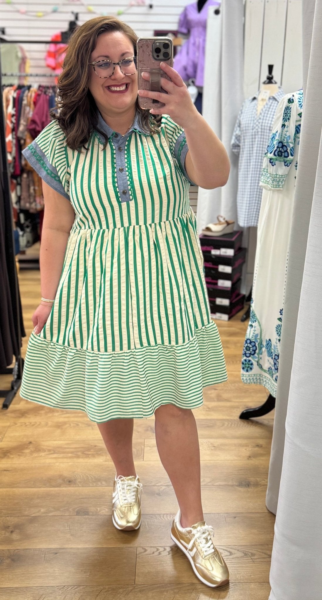 Green Striped Contrast Trim Dress for Women — Flutter Sleeve - gallery