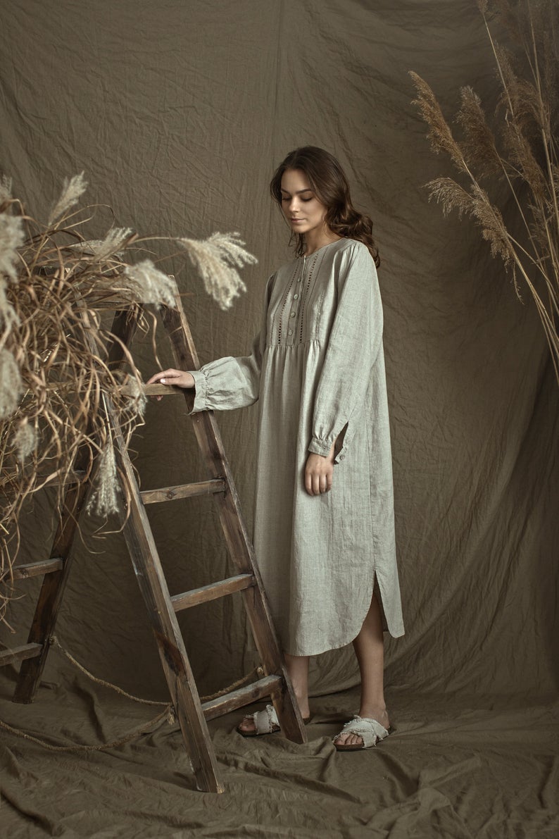 Linen Night Gown Maria with Drawnwork - gallery