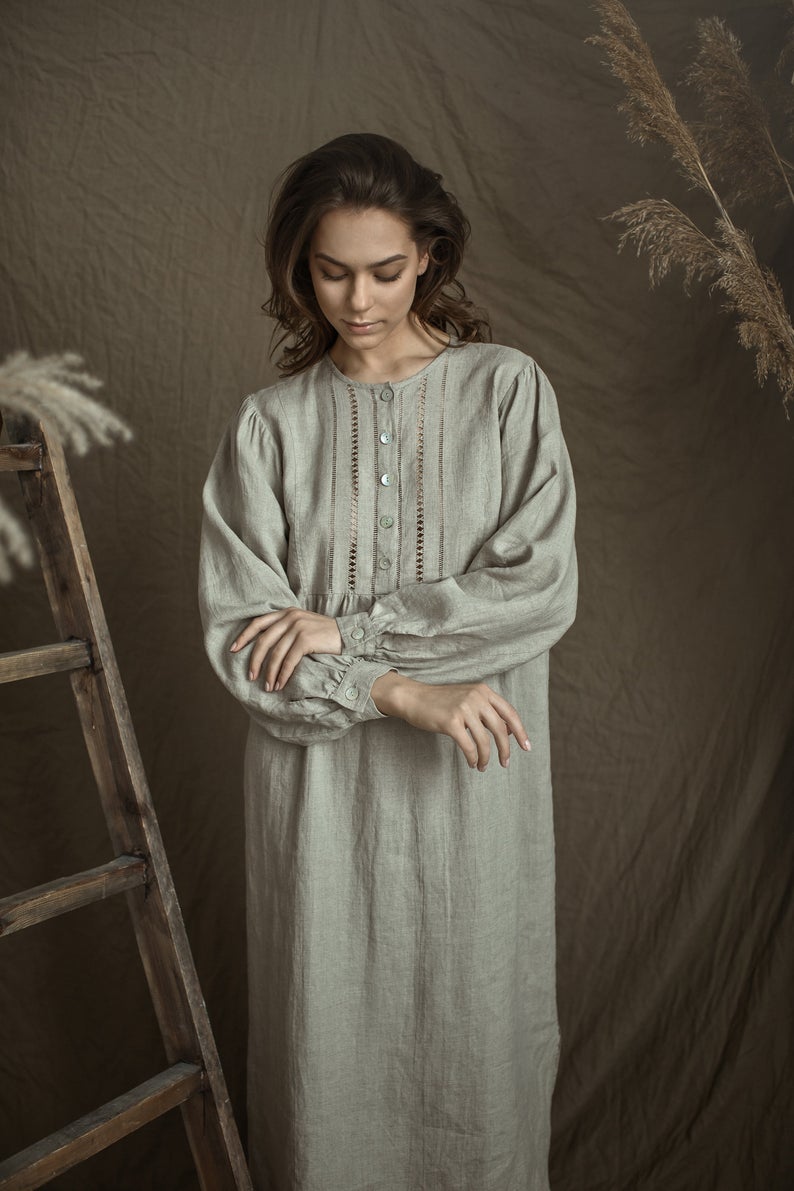 Linen Night Gown Maria with Drawnwork - gallery