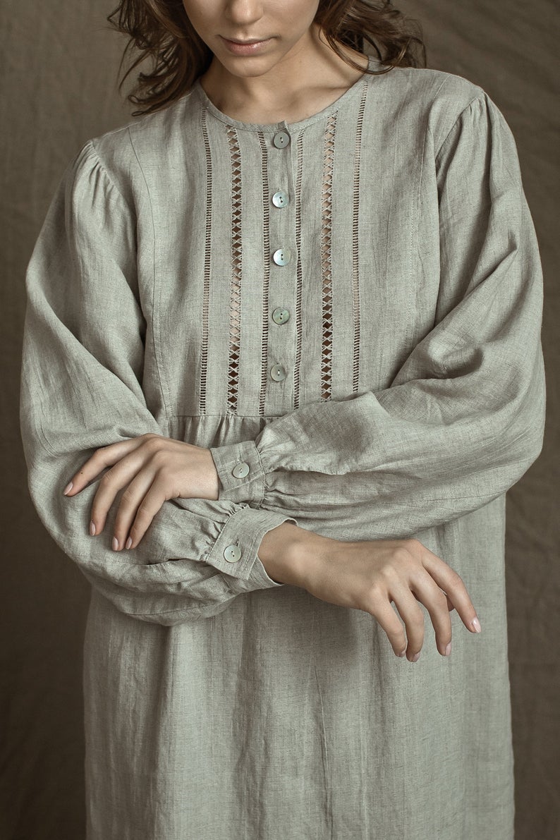 Linen Night Gown Maria with Drawnwork - gallery