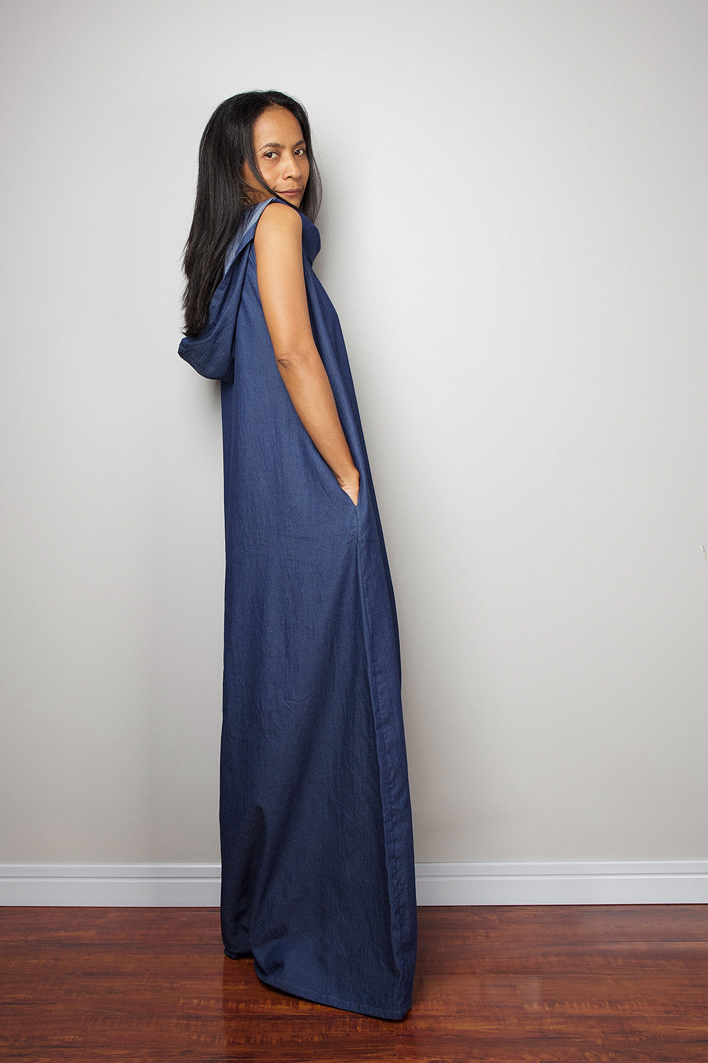 Sleeveless Hooded Denim Maxi Dress for Women — Artisan - gallery