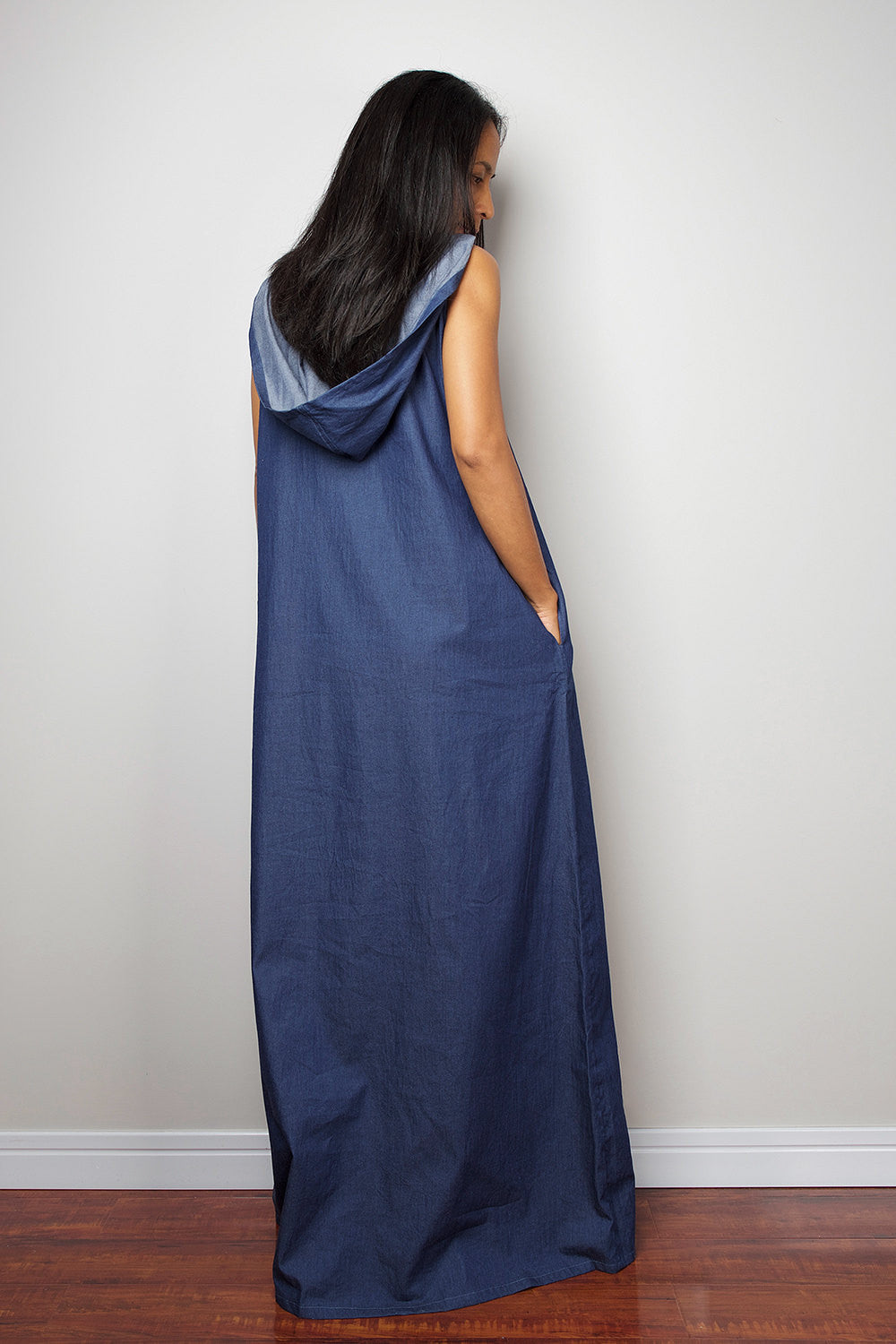 Sleeveless Hooded Denim Maxi Dress for Women — Artisan - gallery